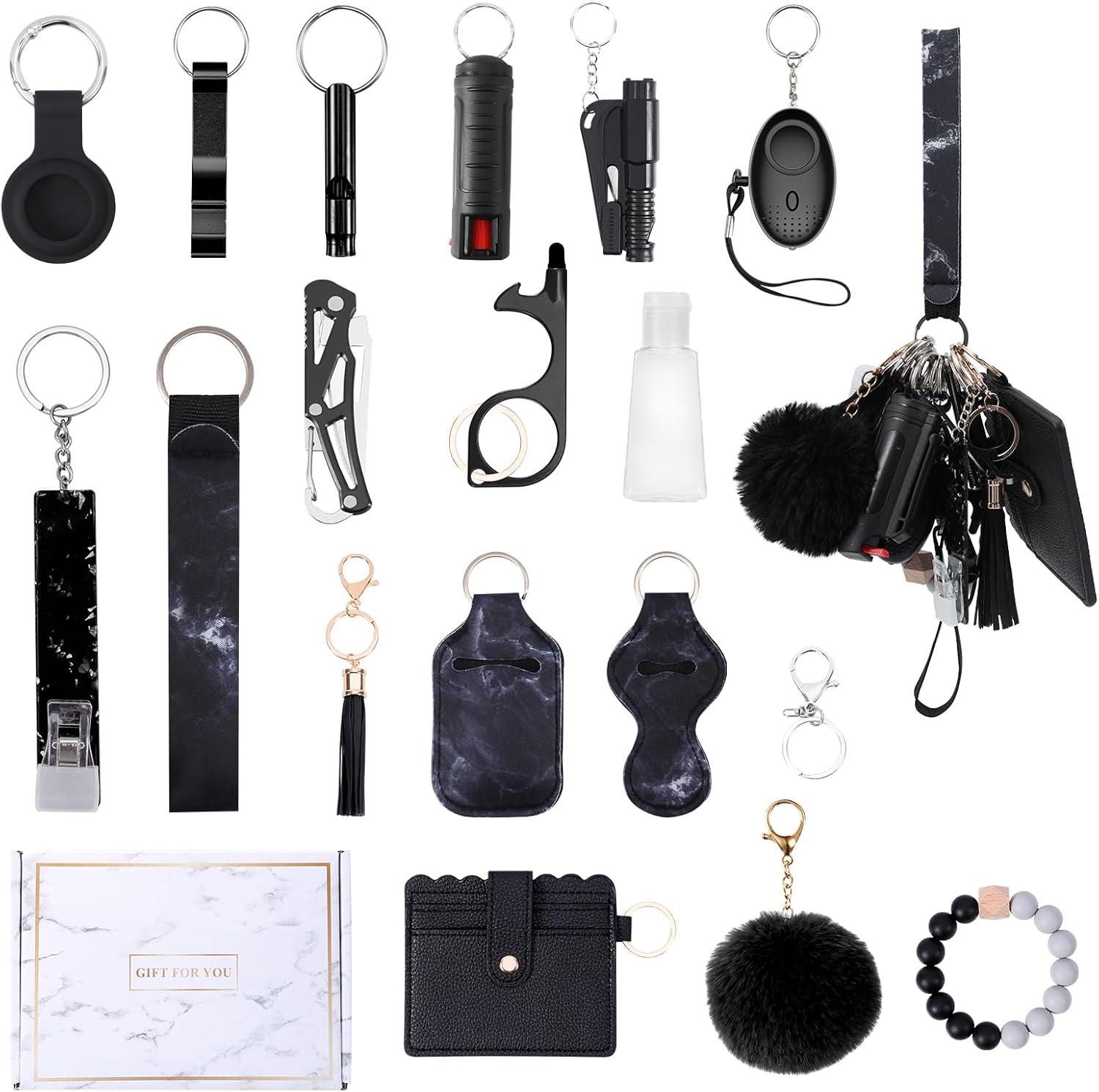 Safety Keychain Set for Women with Personal Alarm, Pom Pom, Card Wallet, Bottle Opener, Bracelet Wristlet Keyring
