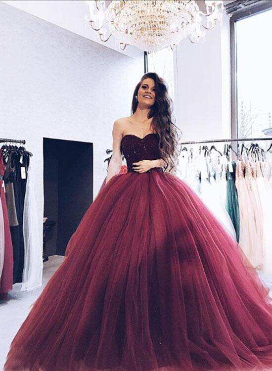 Princess Burgundy Strapless Ball Gown Long Evening Prom Dresses DM946
