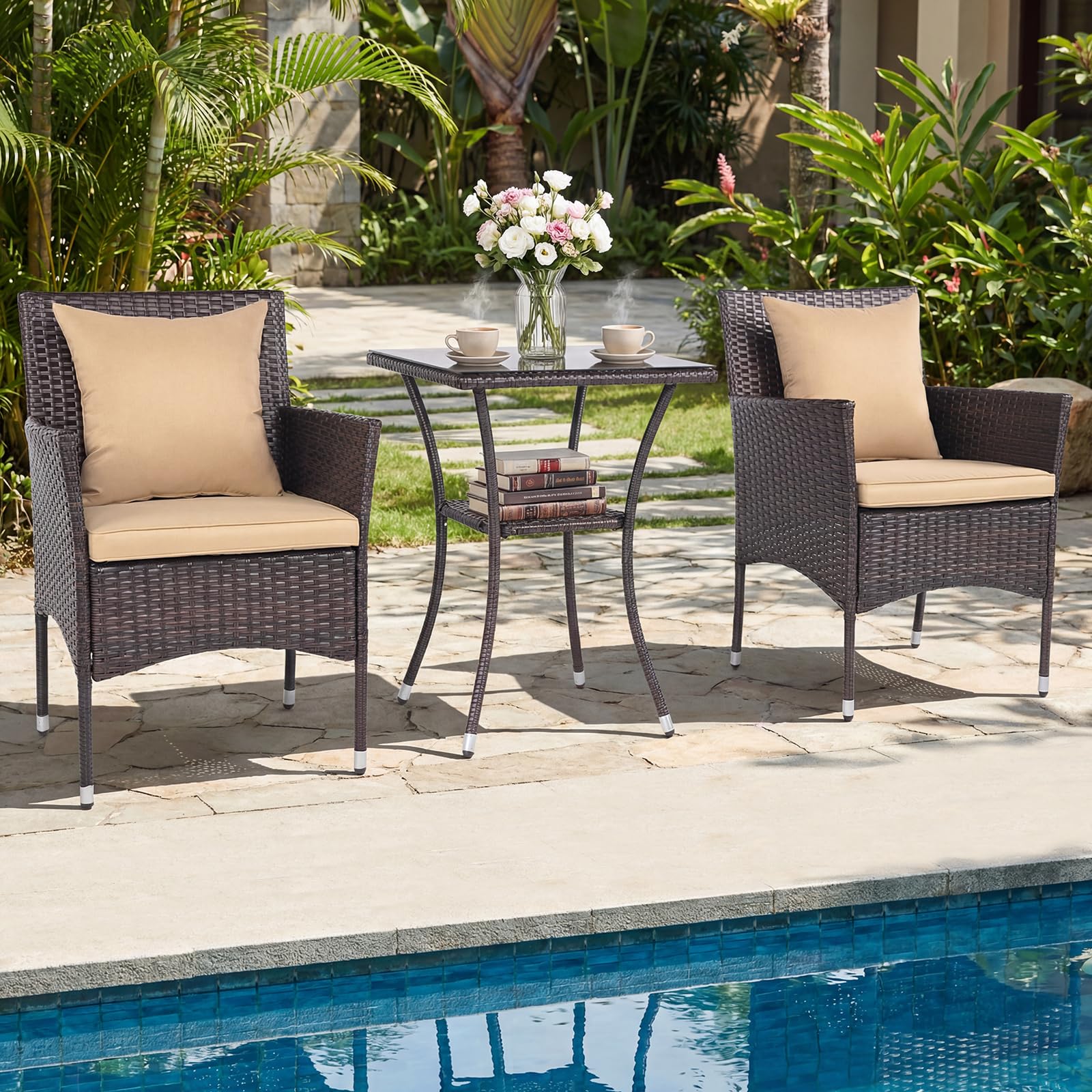 Tangkula 3 Pieces Patio Wicker Bistro Set | 2 Rattan Chairs w/ 2-Tier Tempered Glass Table