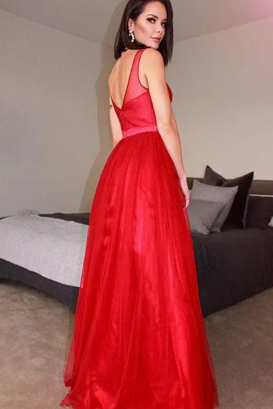 Red A-Line V Neck Beading Long Prom Dresses Formal Evening Dress DMP013