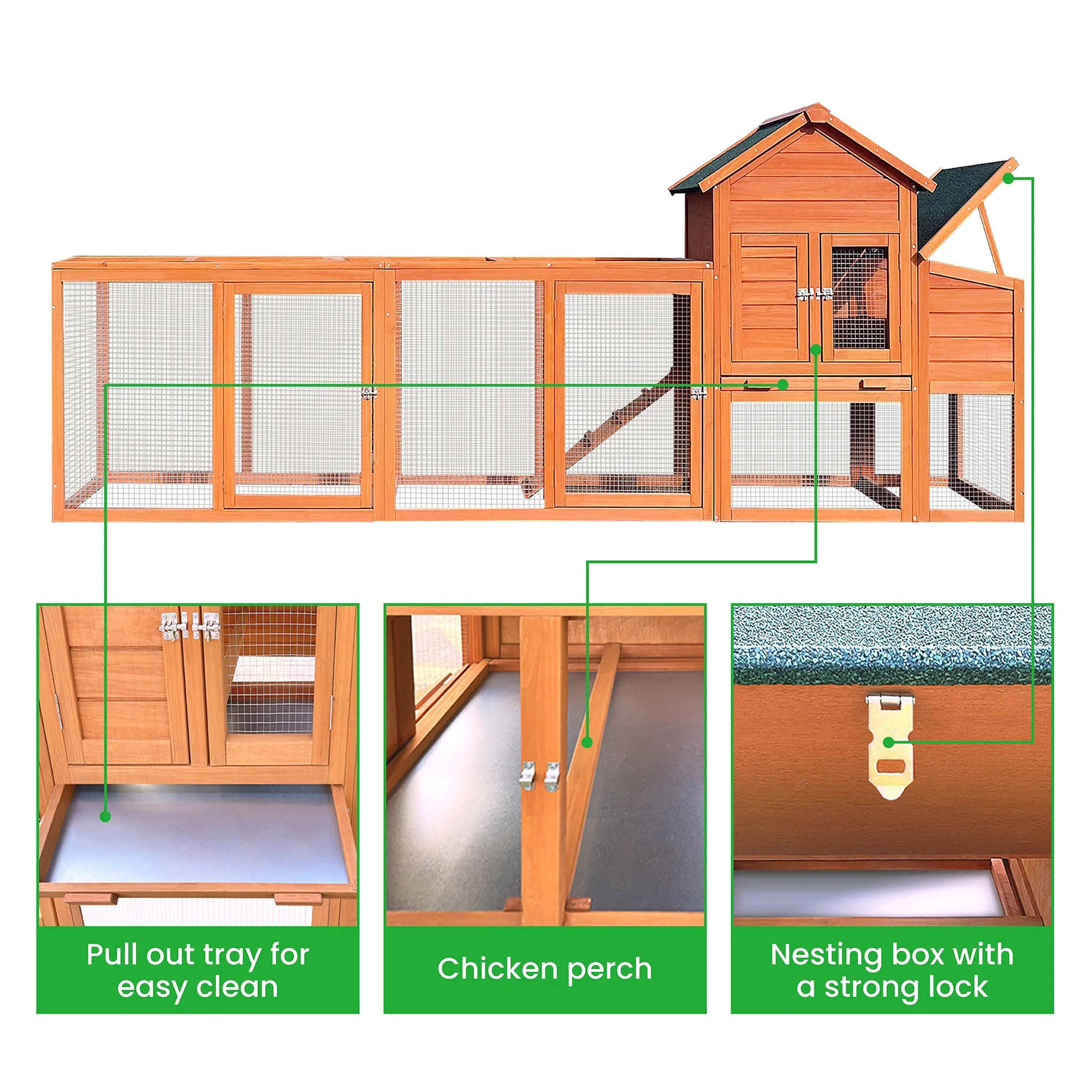 112" Large Rabbit Hutch Outdoor Wood Chicken Coop, Hen House with Nest Box, Wire Fence Poultry Cage, Orange(Orange) - Image 5