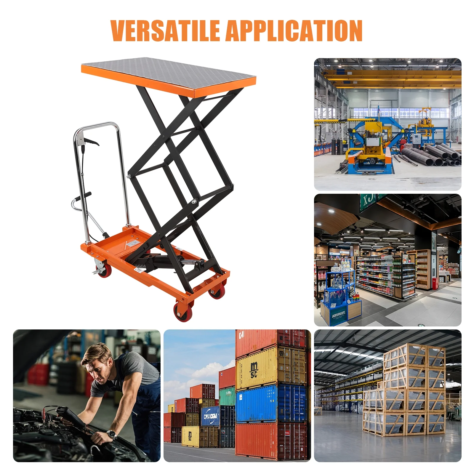 Hydraulic Lift Table Cart 770 lbs Capacity, Adjustable Up to 59" Lifting Height, Manual Double Scissor Lift Table with 4 Wheels 3mm Non-Slip Pads for Safe Material Handling Transport, Orange - Image 7
