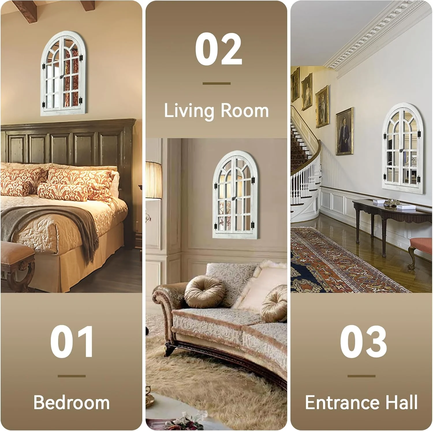 Window Mirrors for Wall Decor White Arched Wall Mirror Farmhouse Wall Decor Wood Frame Decorative Wall Mirrors Like Window for Bedroom, Living Room, Entrance, Dining Room(24"L x 36"W/White) Image 7