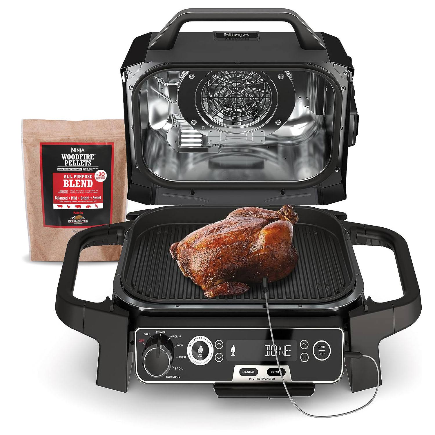 Ninja OG751 Woodfire Pro Outdoor Grill with Built-In Thermometer, 7-in-1 Master Grill, BBQ Smoker, & Outdoor Air Fryer Plus Bake, Roast, Dehydrate