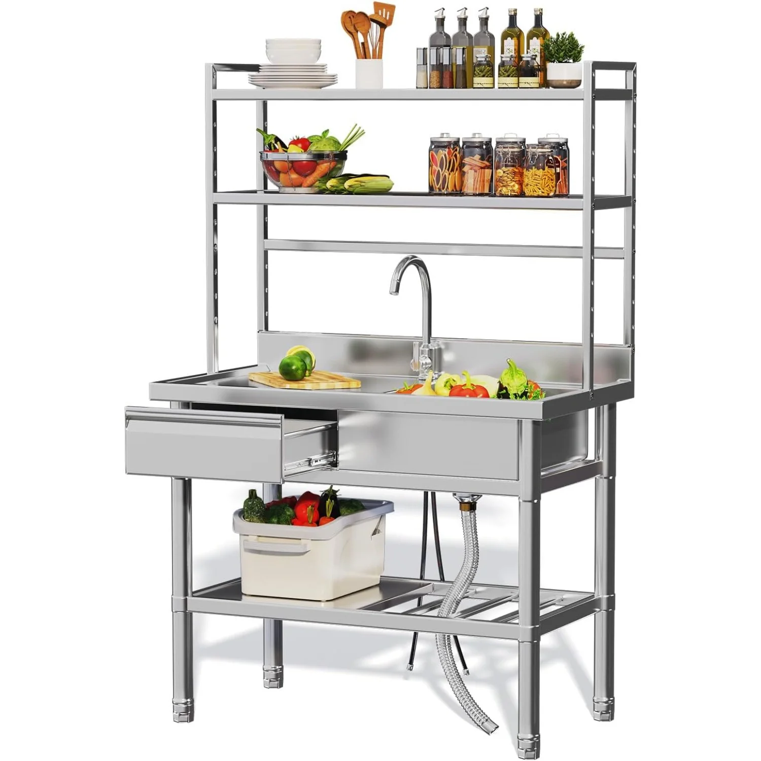 AECOJOY Stainless Steel Utility Sink with Shelves, Free Standing Single Bowl Commercial Kitchen Sinks