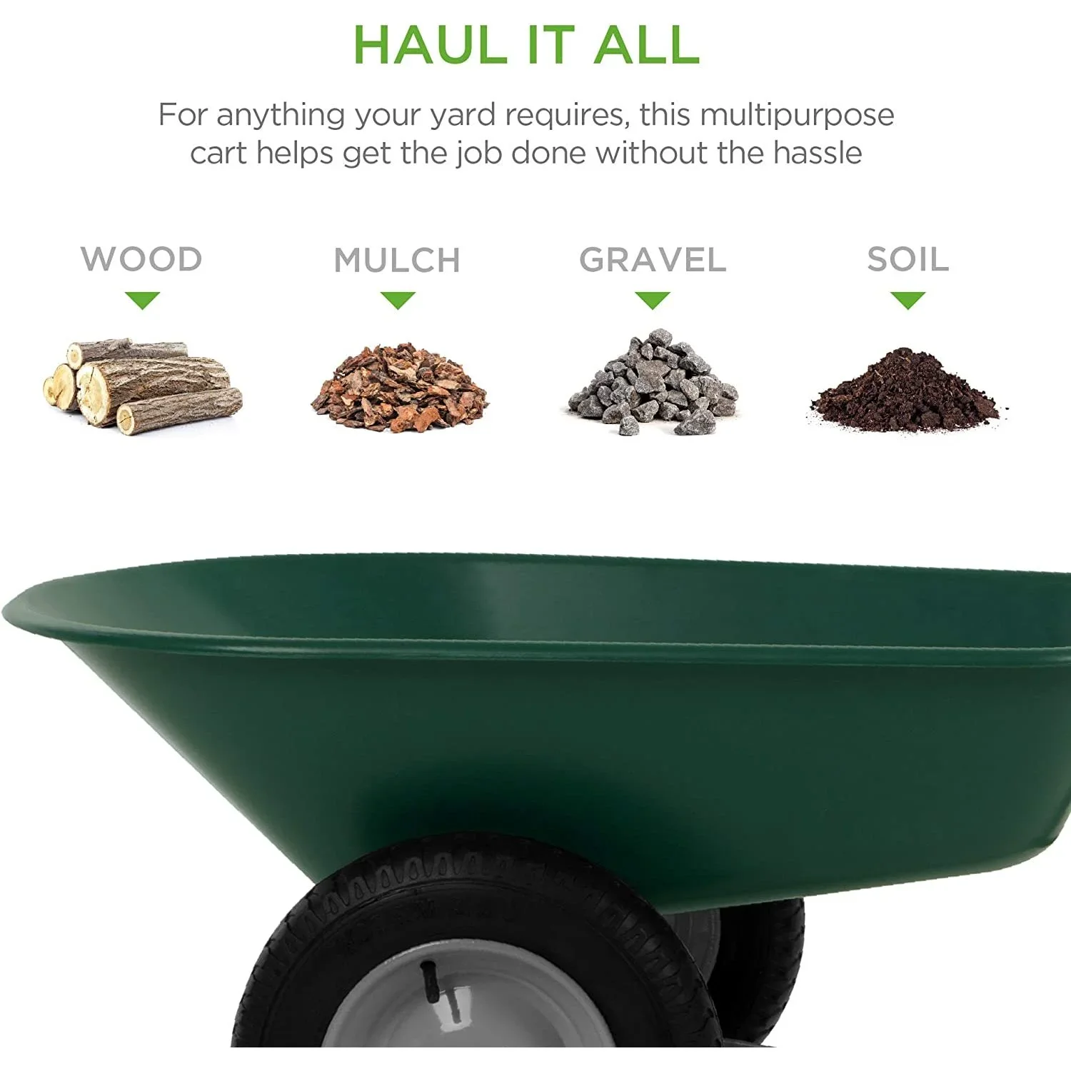 Bilot Dual-Wheel Home Utility Yard Wheelbarrow Garden Cart w/Built-in Stand for Lawn, Gardening, Grass, Soil, Bricks, and Construction, Green