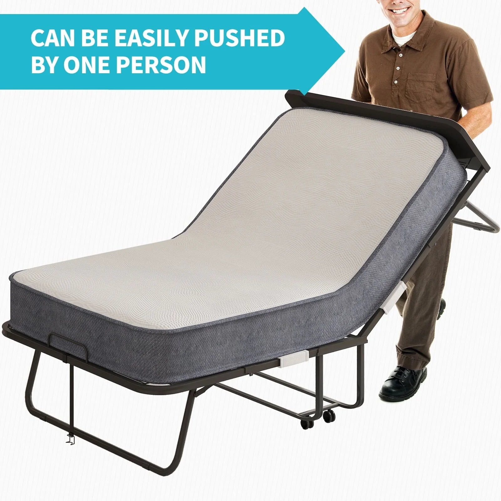 CECER Folding Bed with 5 inch Thick Mattress and Headboard|31" Width Twin Size Portable Bed|Space Saving Foldable Bed with High Resilient Foam Mattress|Foldable Metal Bed Frame with 4 Lockable Wheels Image 6