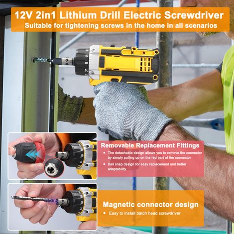 Perceuse-visseuse électrique multifonction 12V au lithium, moteur à balais, idéal pour installation électroménagers, meubles et réparation automobile, 2 forets inclus — vue 5