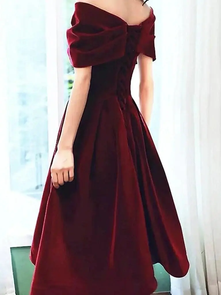 Off Shoulder Burgundy Velvet Short Prom Homecoming Dress, Formal Graduation Evening Dresses DMHD16