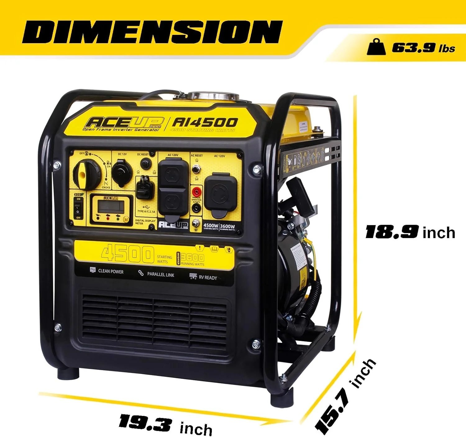 Aceup Energy 4500 Watt Open Frame Inverter Generator, Gas Generator 223CC RV - Ready, 4000W Generator EPA Compliant