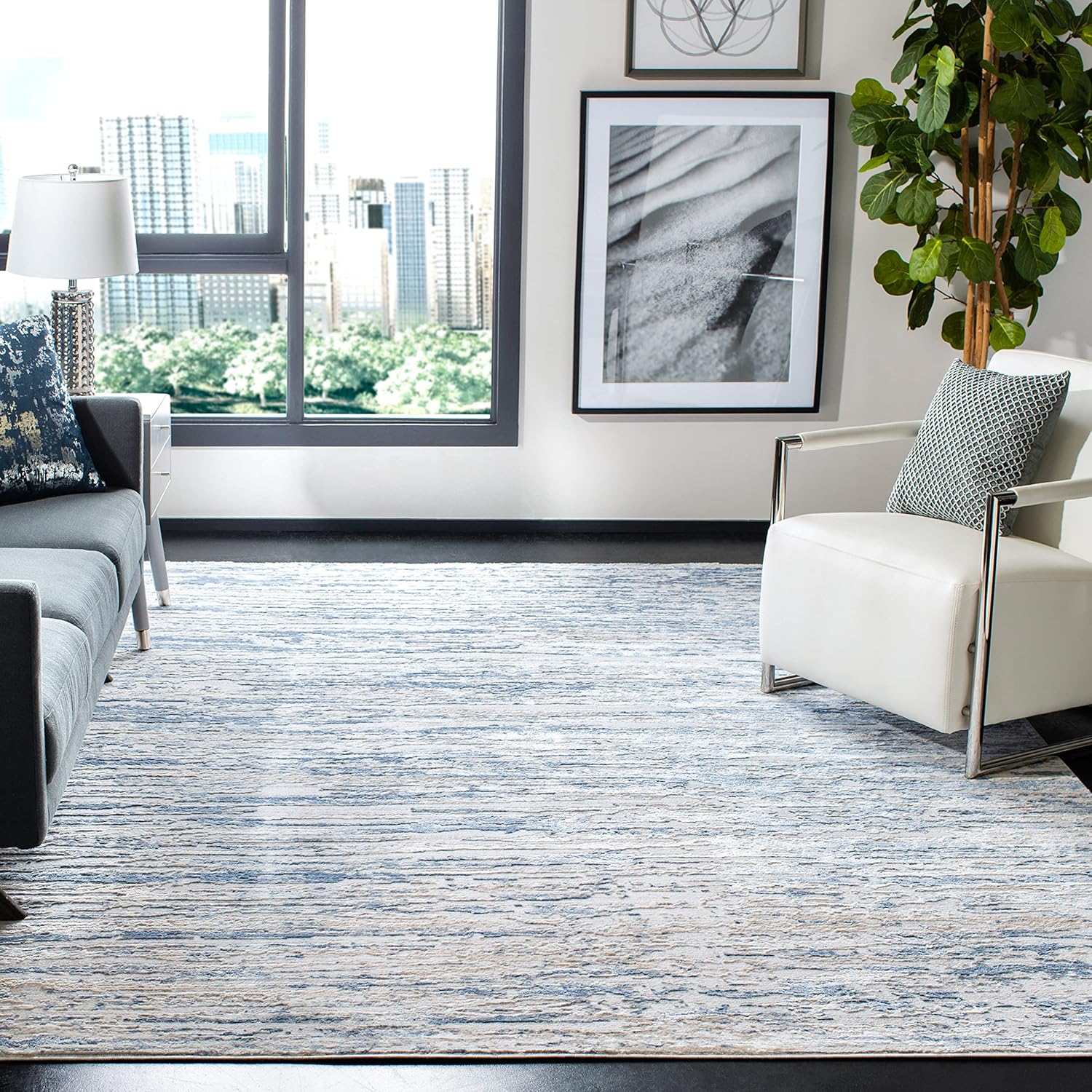 SAFAVIEH Amelia Collection Area Rug - 9' x 12', Ivory & Blue, Modern Abstract Design, Non-Shedding & Easy Care, Ideal for High Traffic Areas in Living Room, Bedroom (ALA768A)