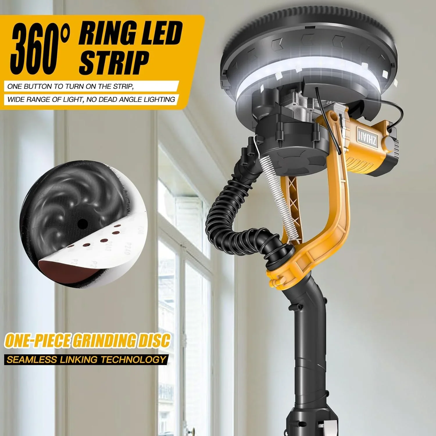 ZHJAN 880W Electric Drywall Sander with Vacuum, 5-Speed 2100RPM & LED, Adjustable Handle w/12 Sanding Discs & Dust Bag (59)