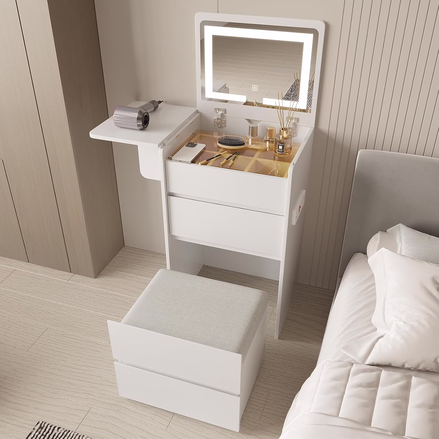 Vanity Desk with Flip Top Lighted Mirror, Compact Makeup Table with Storage Stool, Integrated Vanity with Drawers, 3-in-1 Vanity Set, Small Dressing Desk for Bedroom(White)