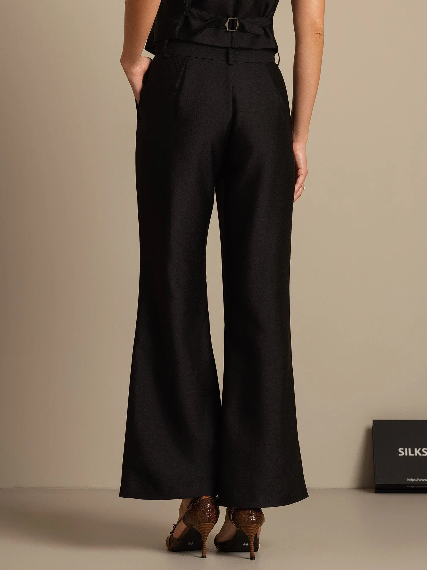 32Momme Silk-Wool Blend High Waist Micro-horn Wide Leg Women's Pants with Side Pockets  Design