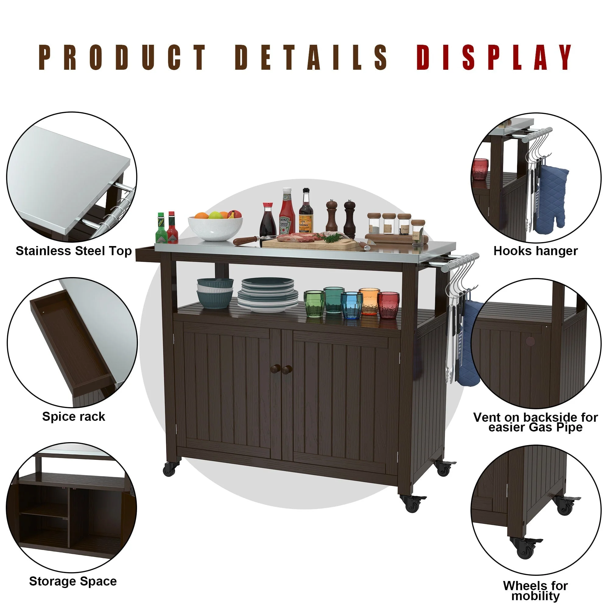 Outdoor Prep Table Grill Station, Solid Wood Movable Dining Cart Table, Dark Brown Image 8