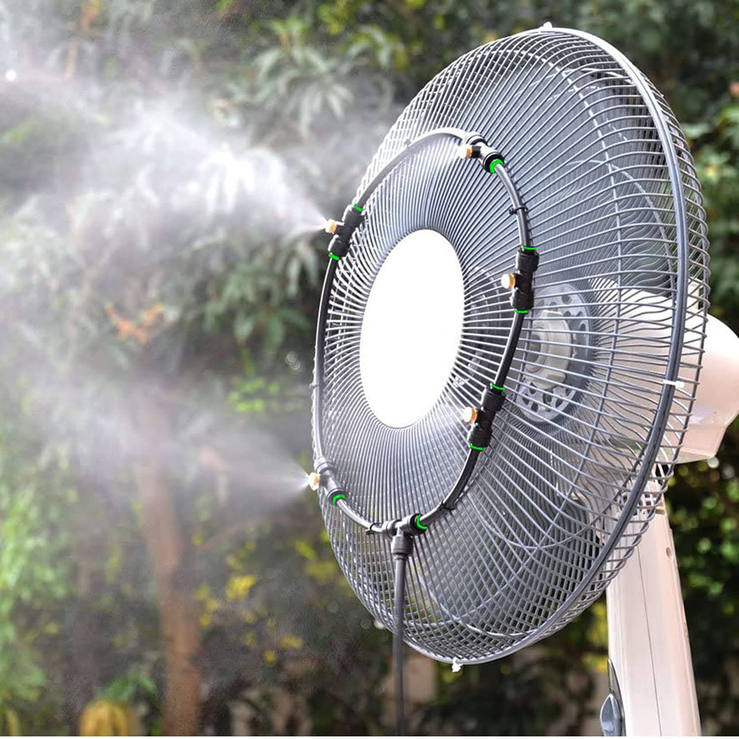 iRuiZhe Outdoor Fan Mist Cooling System Kit for Patio Fan Garden Greenhouse 19.6FT(5.9M) Misting Line & 5 Metal Mist Nozzles + Galvanized Solid