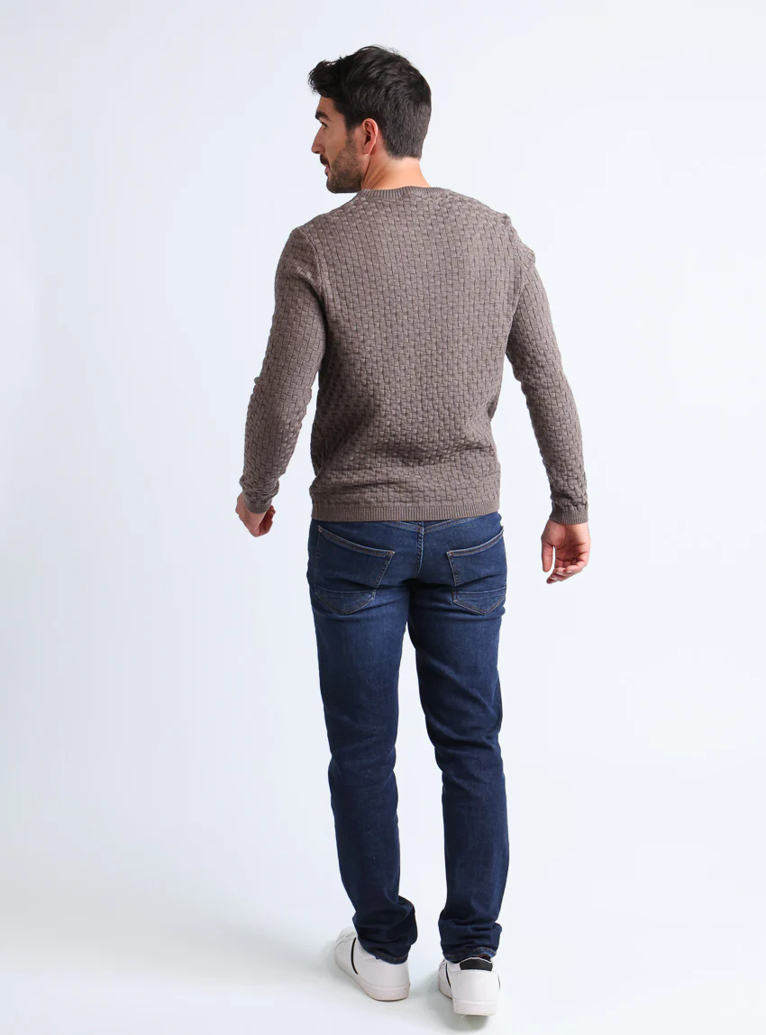 Pull homme damier en laine beige taupe