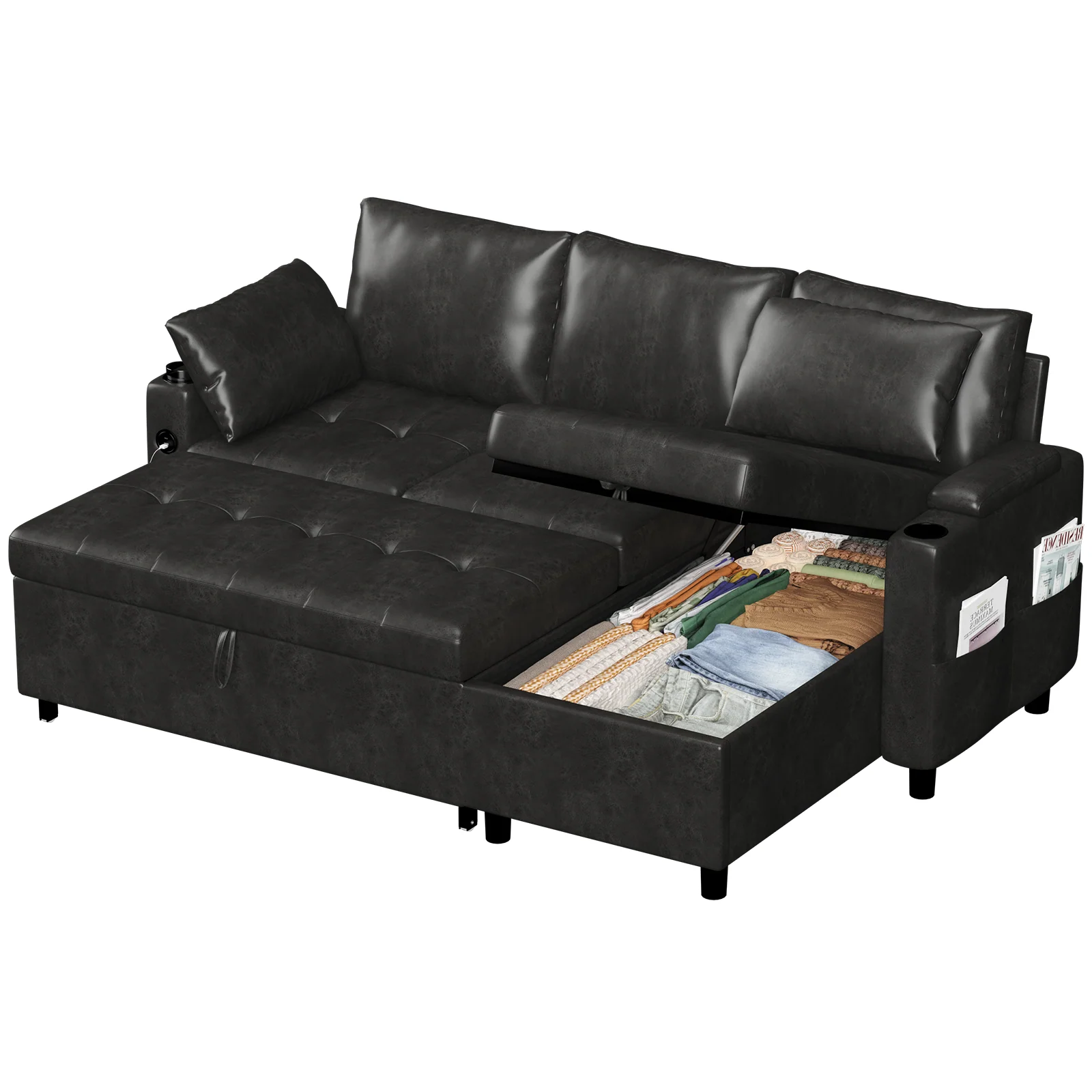 AECOJOY Sleeper Sofa Couch with Pullout Bed, Faux Leather, Black