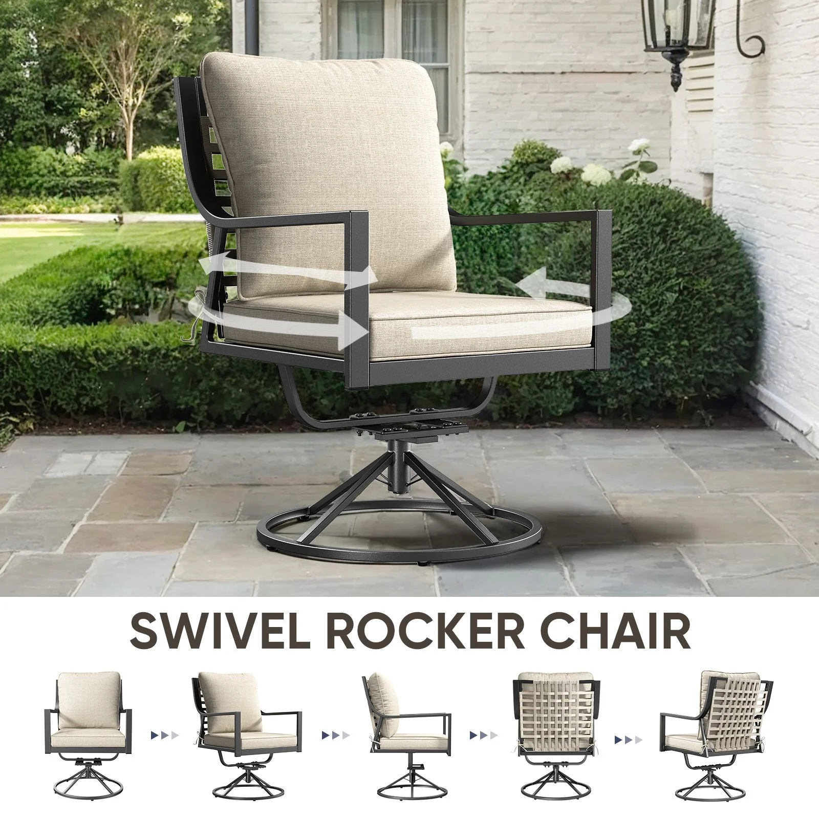 Swivel Rocker Patio Chairs Set of 4, Outdoor PE Wicker Dining Chairs with Beige Olefin Cushions and Gray Metal Frame, 360�� Swivel Rocking Motion for Garden Deck Porch(4 Pack) - Image 9