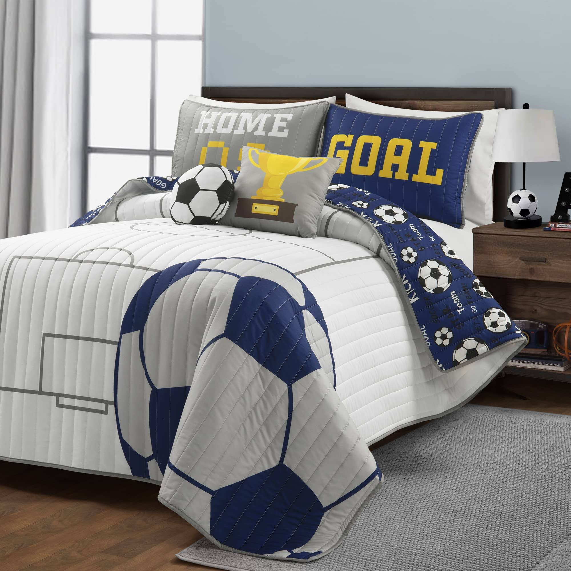 Lush Decor Soccer Game Reversible Oversized Kids Quilt Set - White/Navy - Full - Queen
