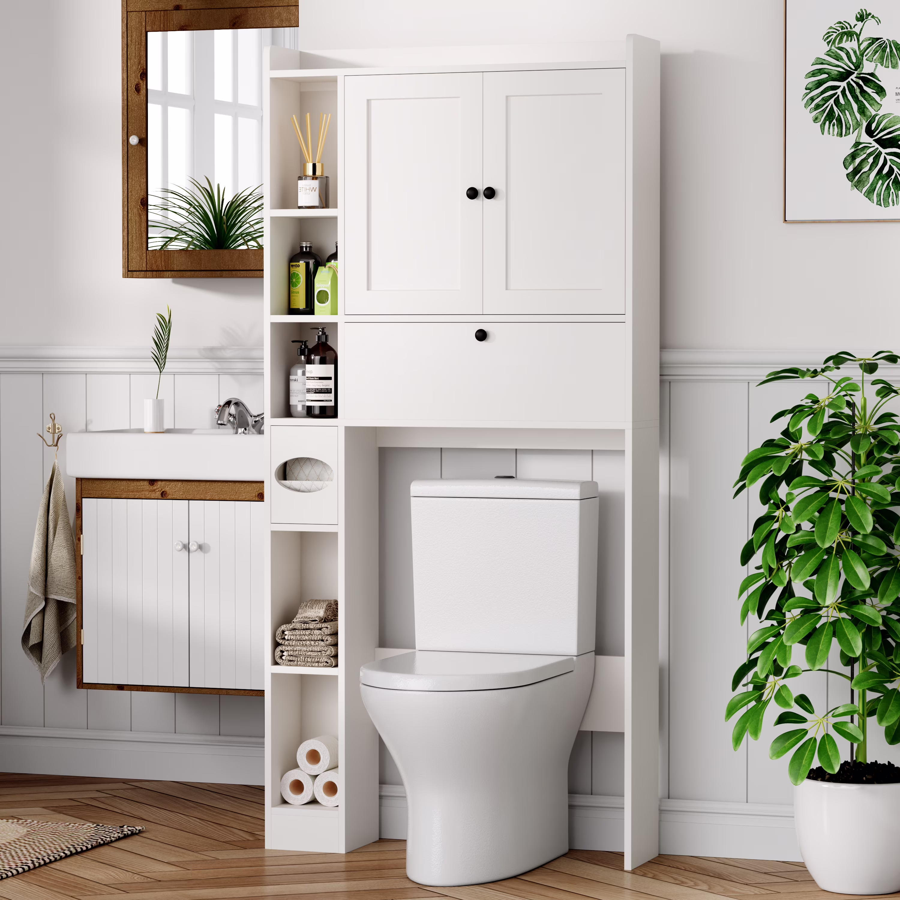 Over The Toilet Storage Cabinet,Bathroom Storage Cabinet with Wooden Doors,Bathroom Organizer Over-The-Toilet Cabinet(White)(White)