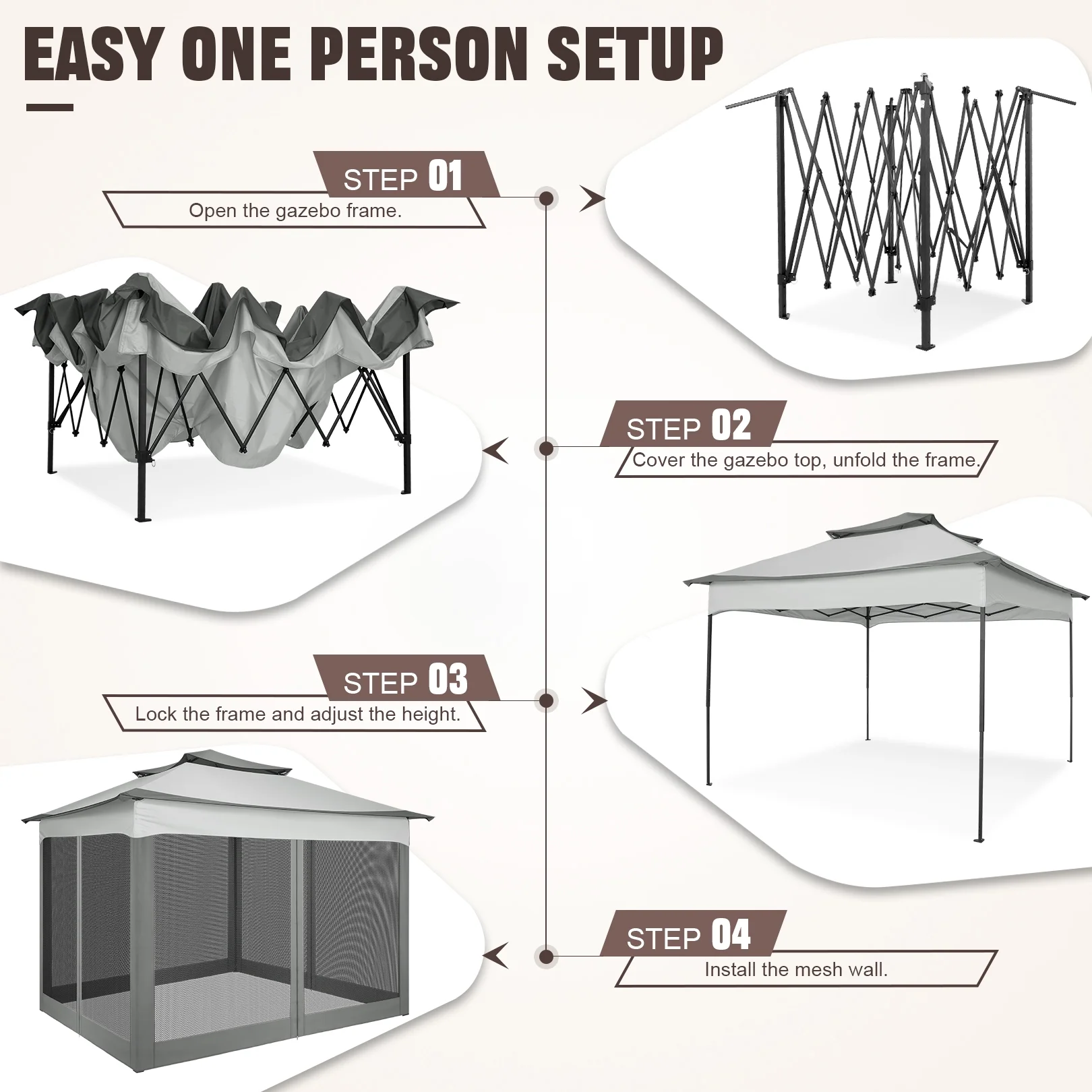 11x11 Outdoor Waterproof Gazebo, Pop up Canopy Gazebo with Mosquito Netting UV Protection for Parties, Camping, Weddings, and Backyard Events, Gray(11 x 11/Gray) - Image 6