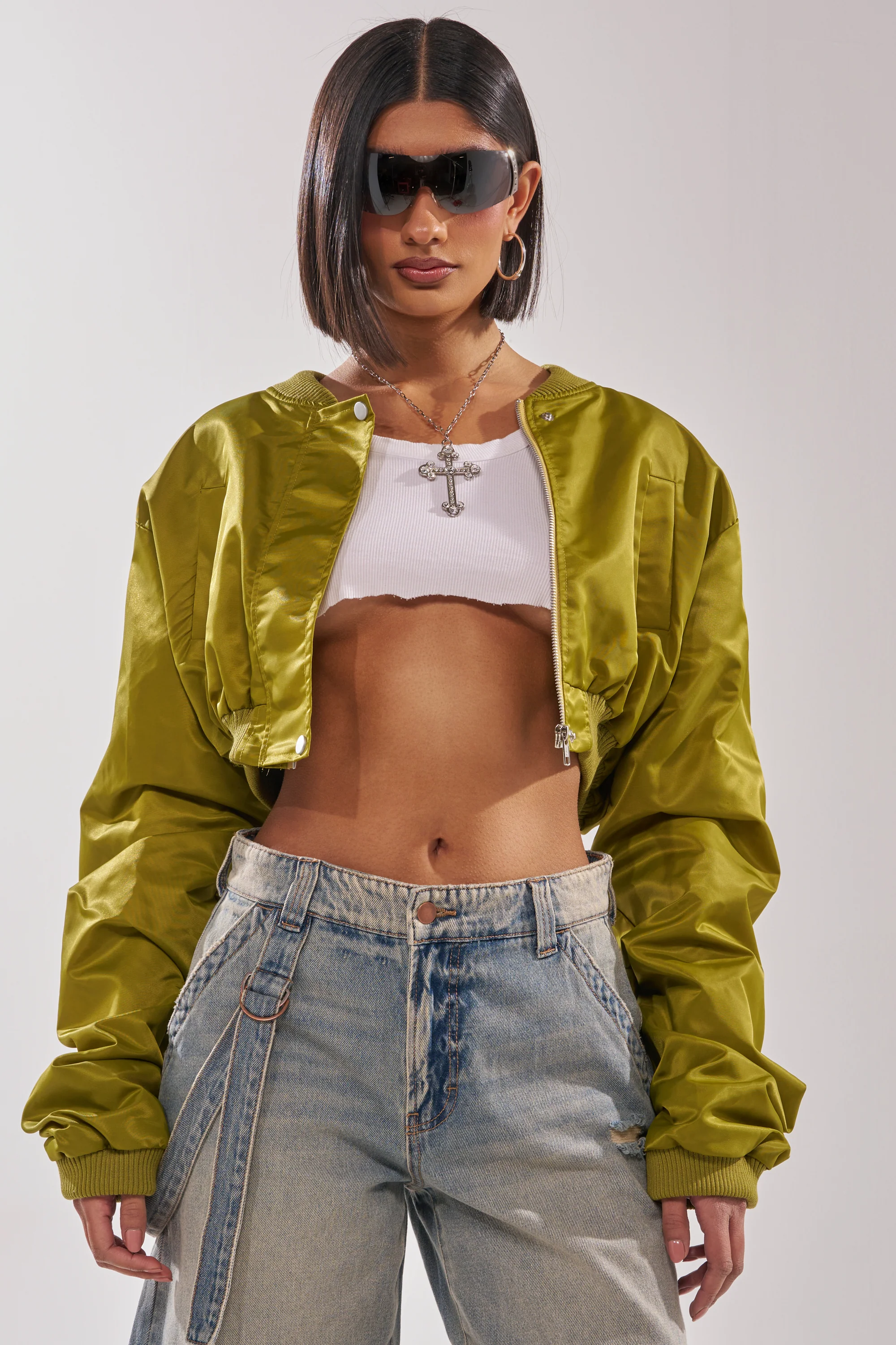 TAKE IT EASY CROPPED BOMBER IN GREEN - Akira Store