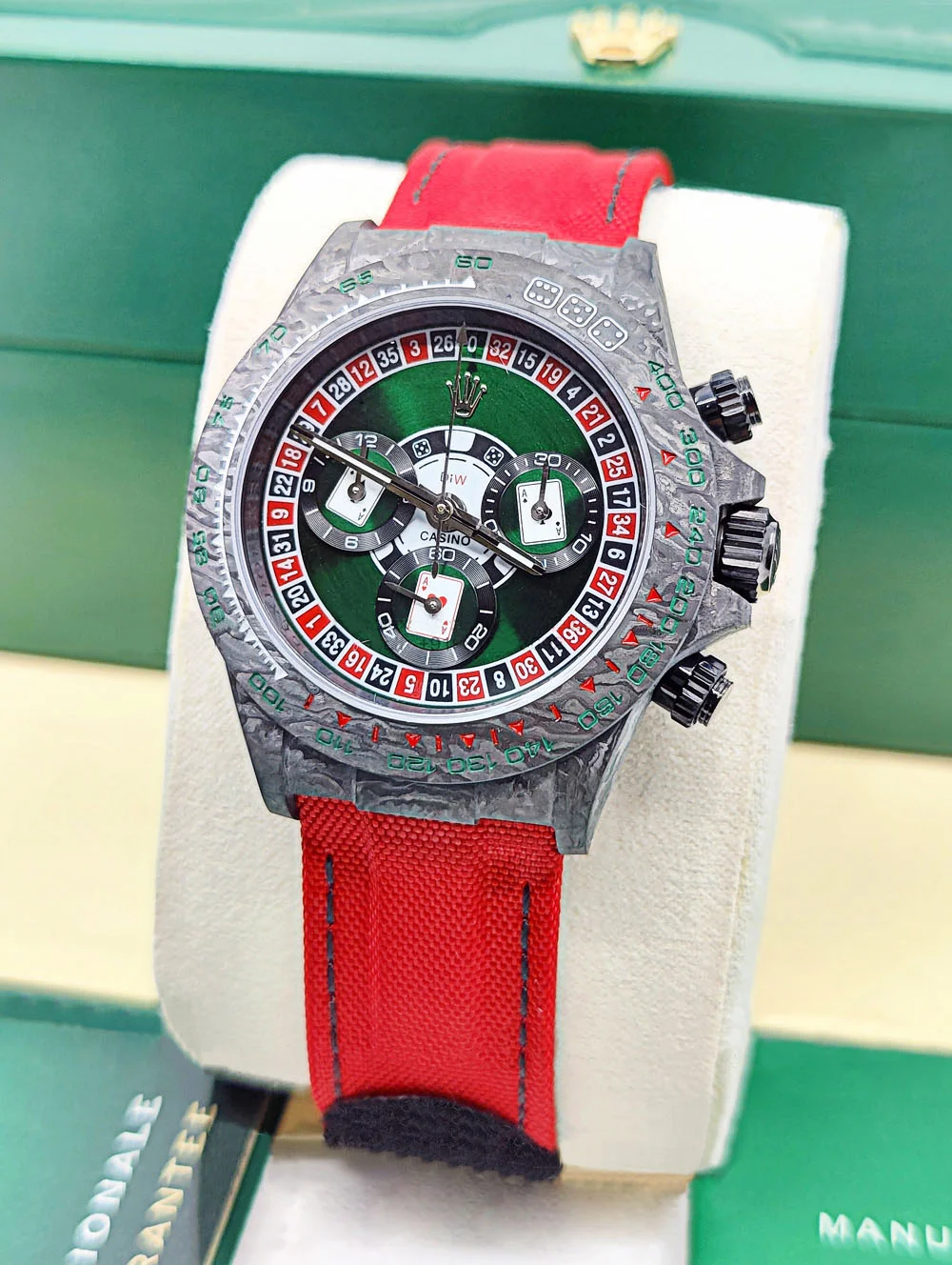 [Super Clone]Rolex Daytona DIW Carbon Lucky Player Casino Super Clone Swiss Replica Watch | Custom Made Limited Edition | 4130 Swiss Movement