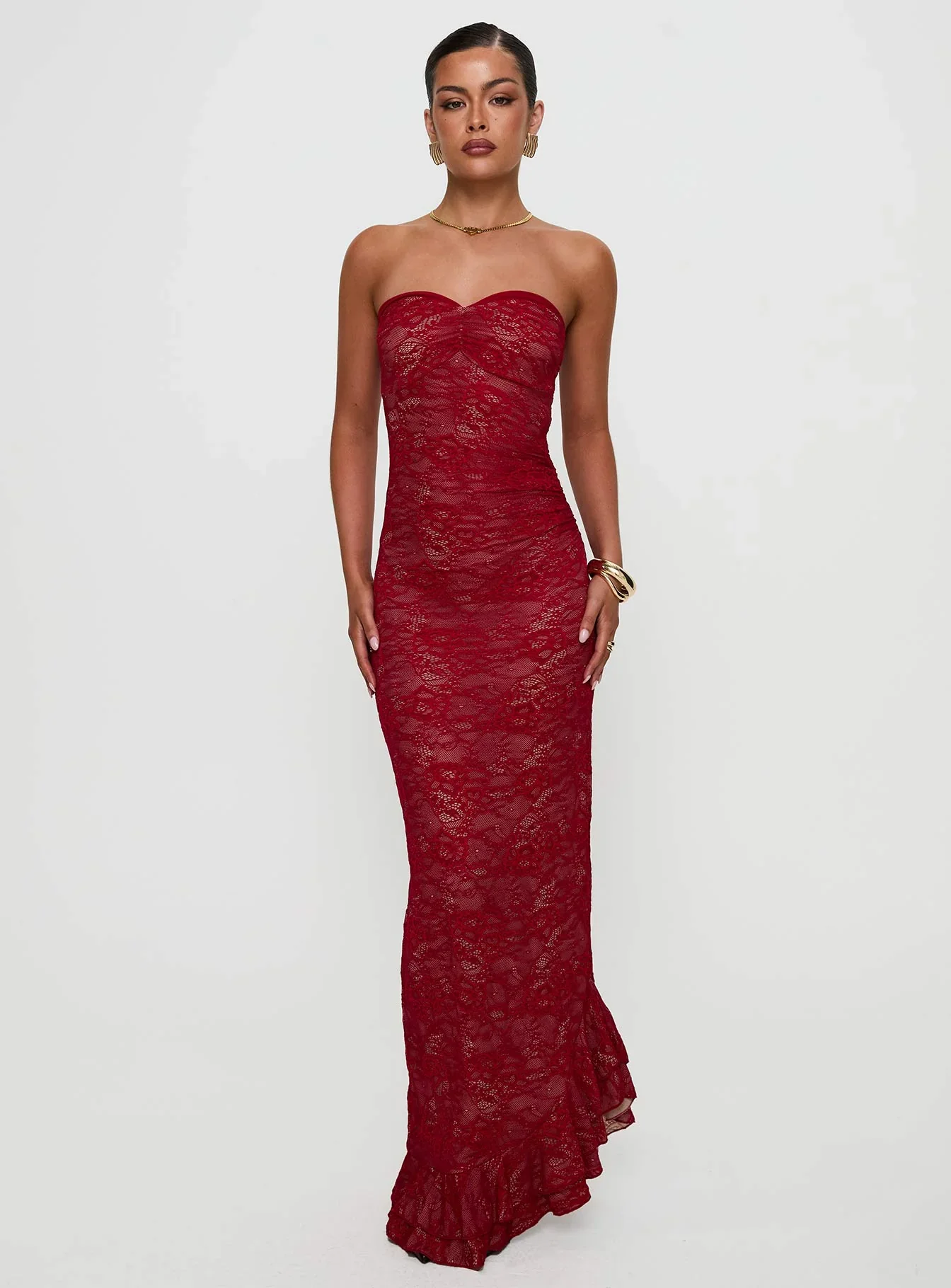 Hailees Lace Strapless Maxi Dress Red
