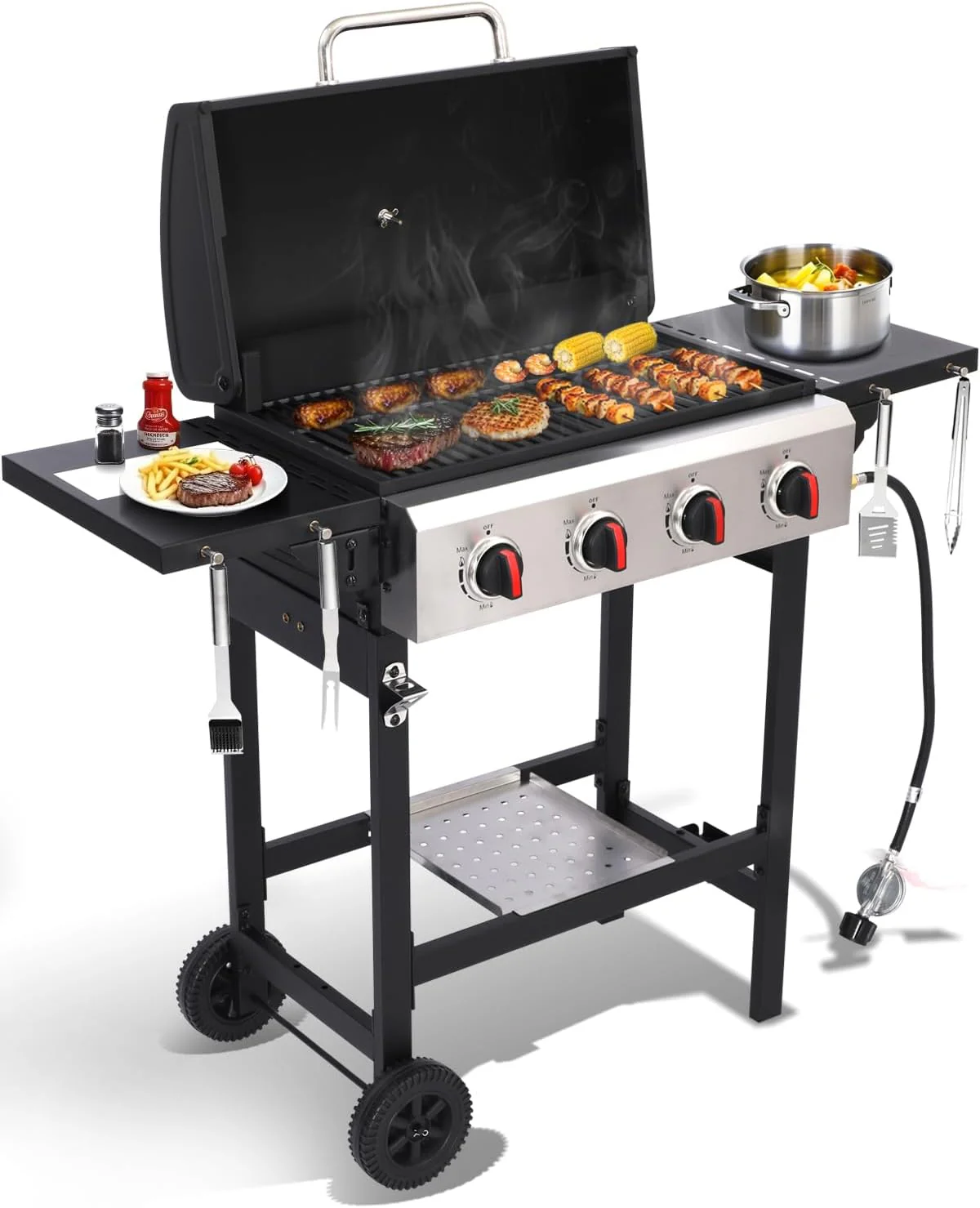 Barbecue à gaz propane avec tablettes latérales rabattables, 3 brûleurs, portable, pour l'extérieur