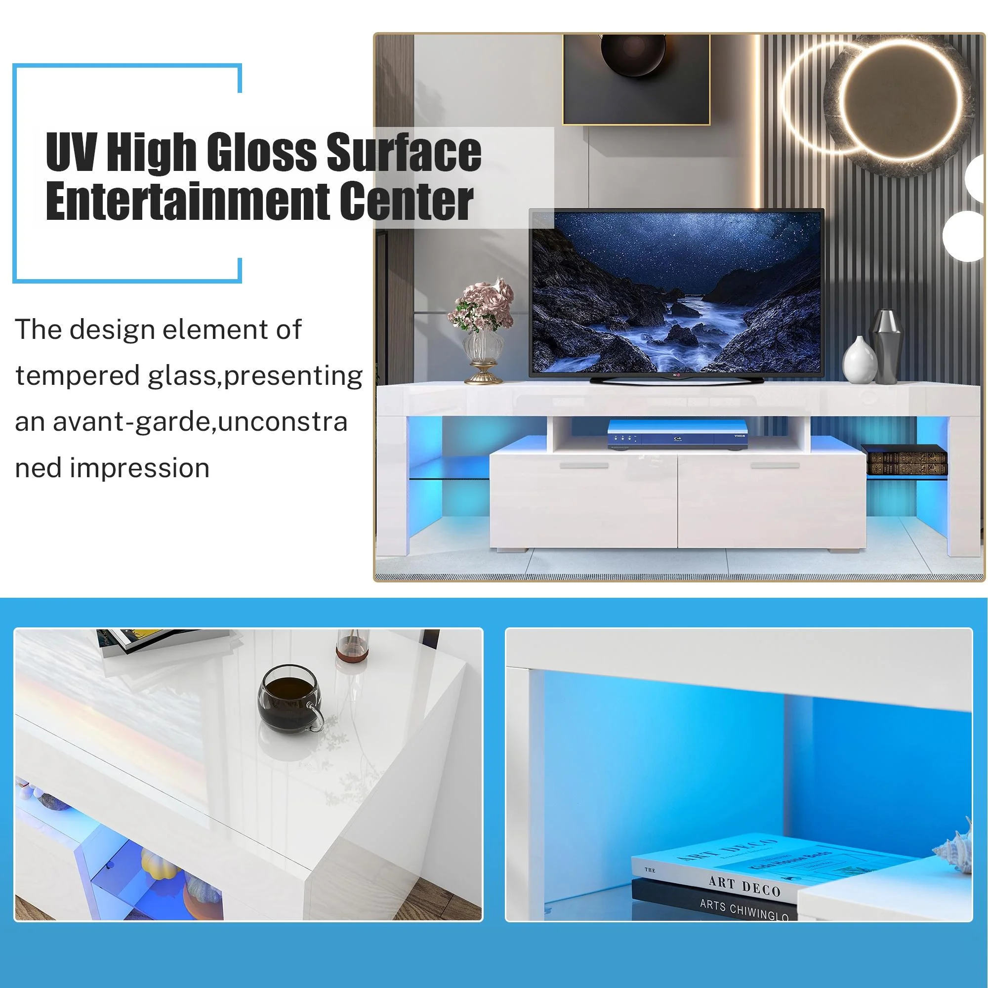 TV Stand for TVs up to 70", High Gloss TV Cabinet with LED Light, Modern TV Console Table with Storage Drawers, Media Television Stand Entertainment Center, White(70 inch/White) - Image 5