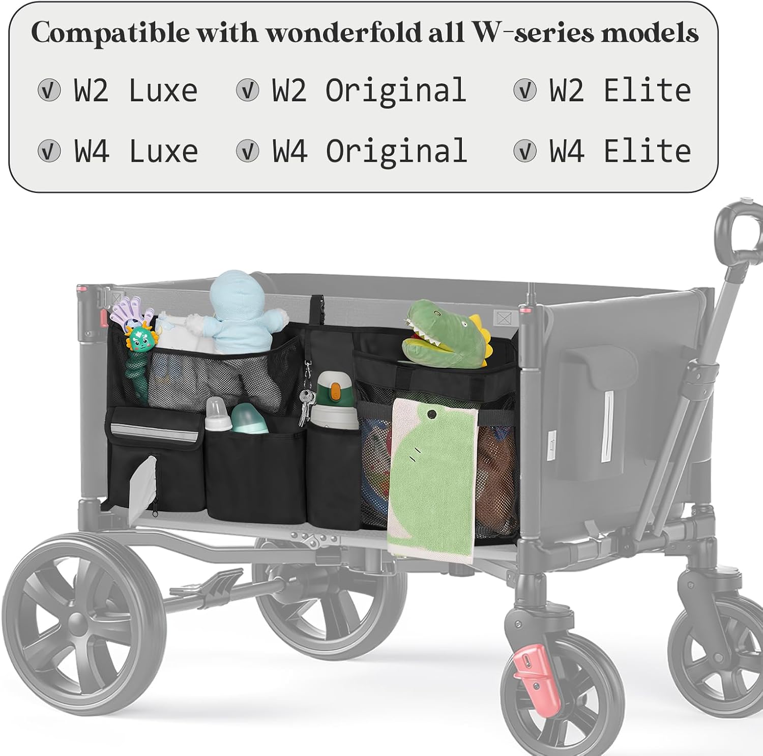 ORKELS Stroller Wagon Cargo Net, Compatible with WONDERFOLD All W-Series Models, Stroller Wagon Accessories Organizer with Multi-Pockets, Large Capacity Cargo Storage Net, Black