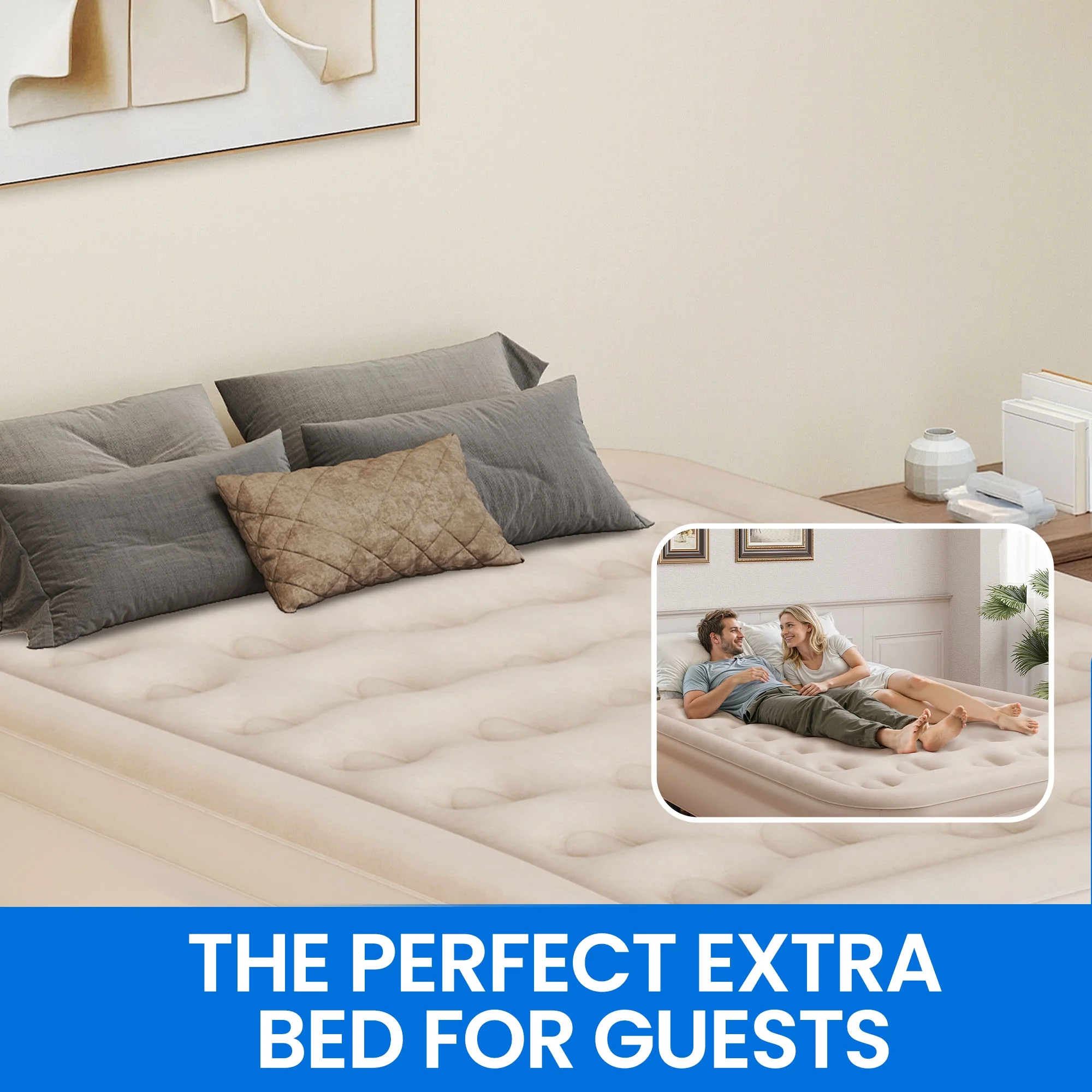 Inflatable Queen Air Mattress with Built-in Pump, Frame, Velvet Surface Portable Storage Case, Khaki(Queen/Khaki) - Image 3