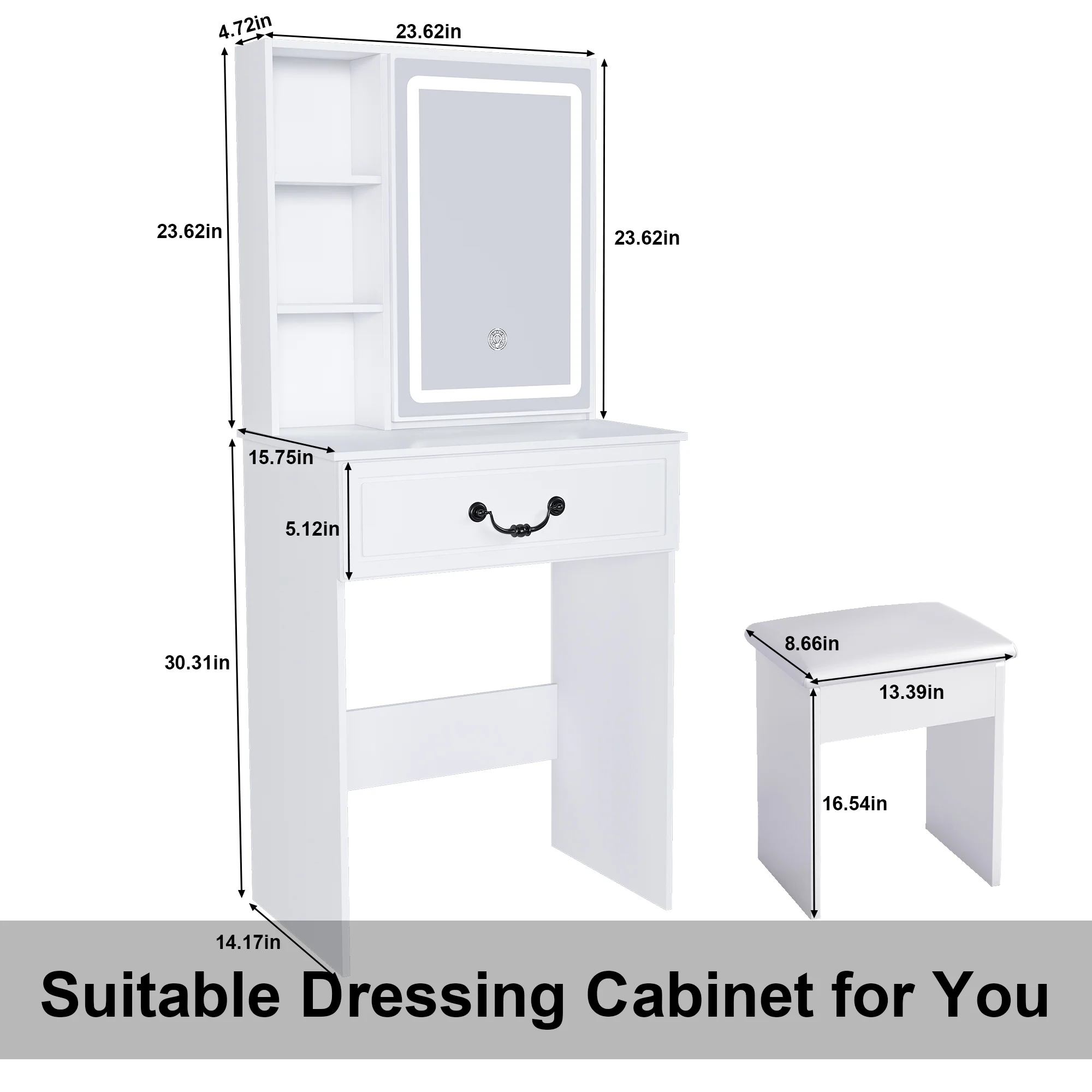 Modern Mini Vanity w/Adjustable LED Mirror + Hidden Storage, Padded Stool Dustproof Shelves (White)(White-S7) - Image 6