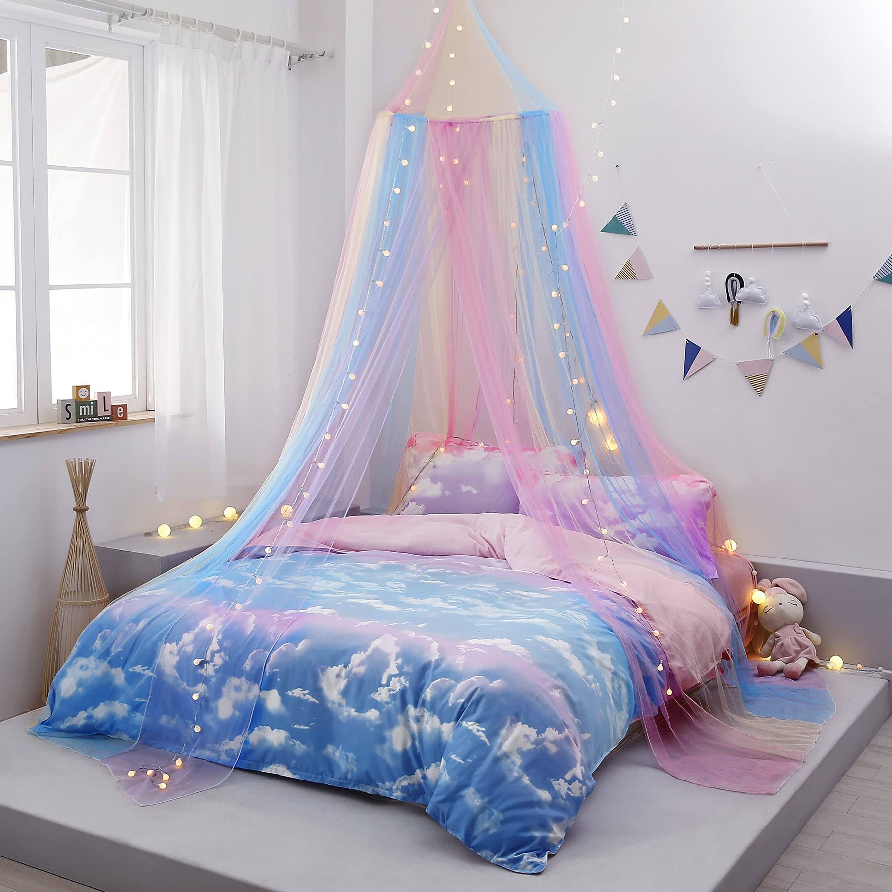 Nattey Rainbow Bed Canopy with Lights for Girls, Canopy for Girls Room Bed Netting for Twin Single Full Queen Size Bed,Reading Corners Room Decor for