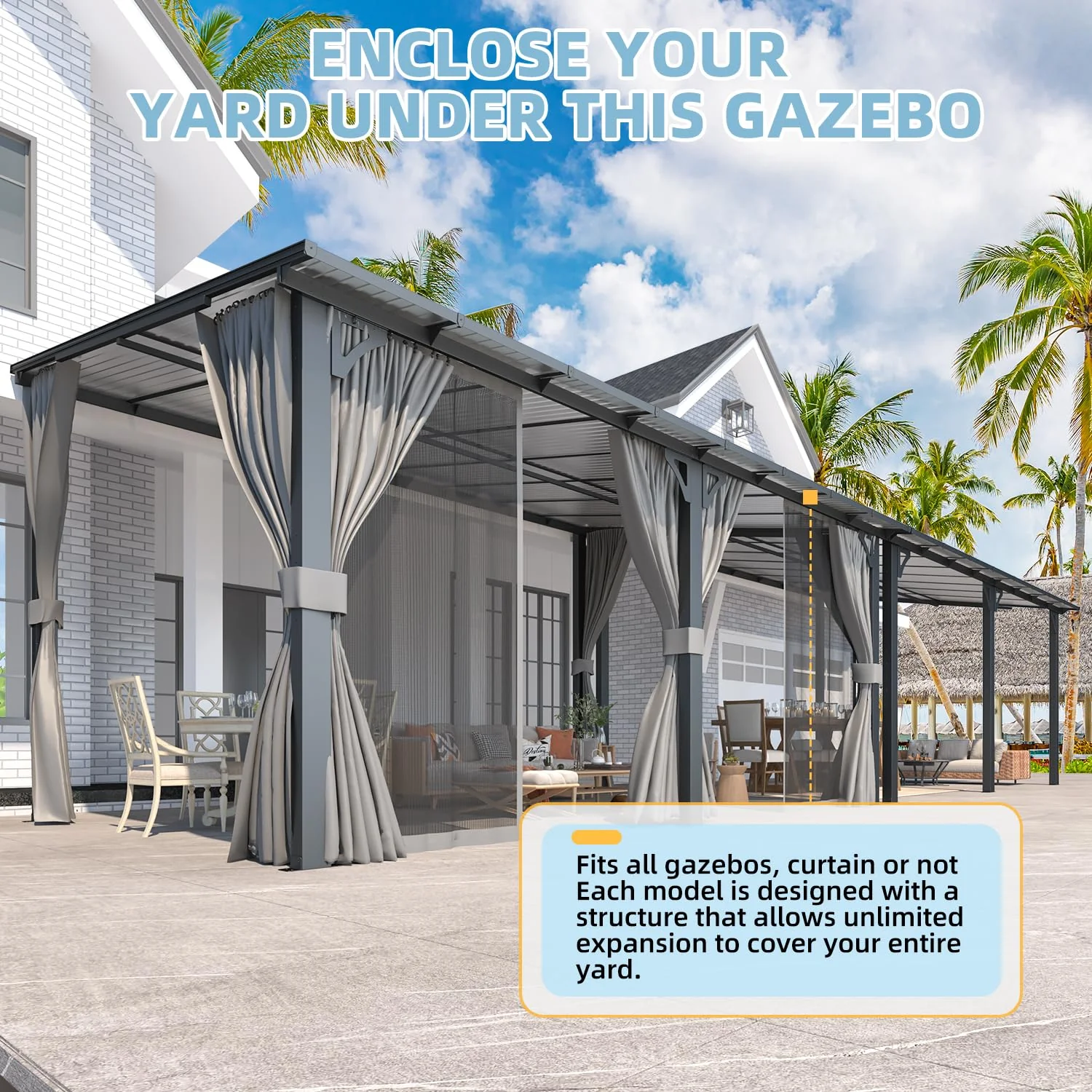AECOJOY 16'x10' Wall Gazebo with Curtains and Mosquito Netting, Gray