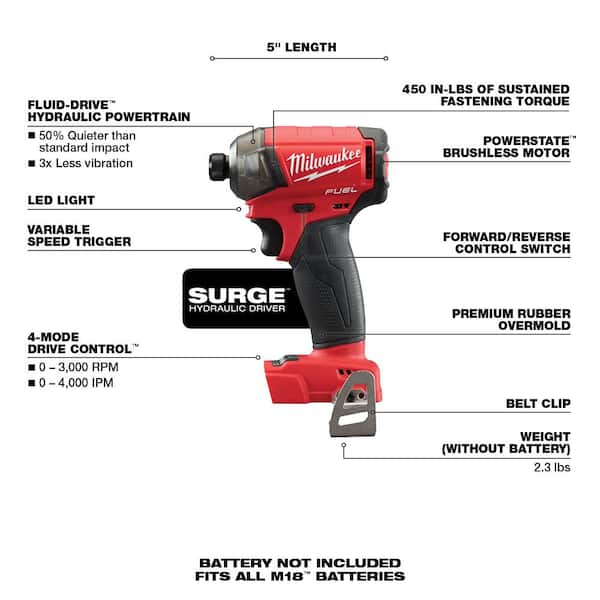 M18 FUEL SURGE 18V Lithium Ion Brushless Cordless 1/4 in Hex Impact Driver w/One 5 0Ah and One 2 0Ah Battery Charger Image 4