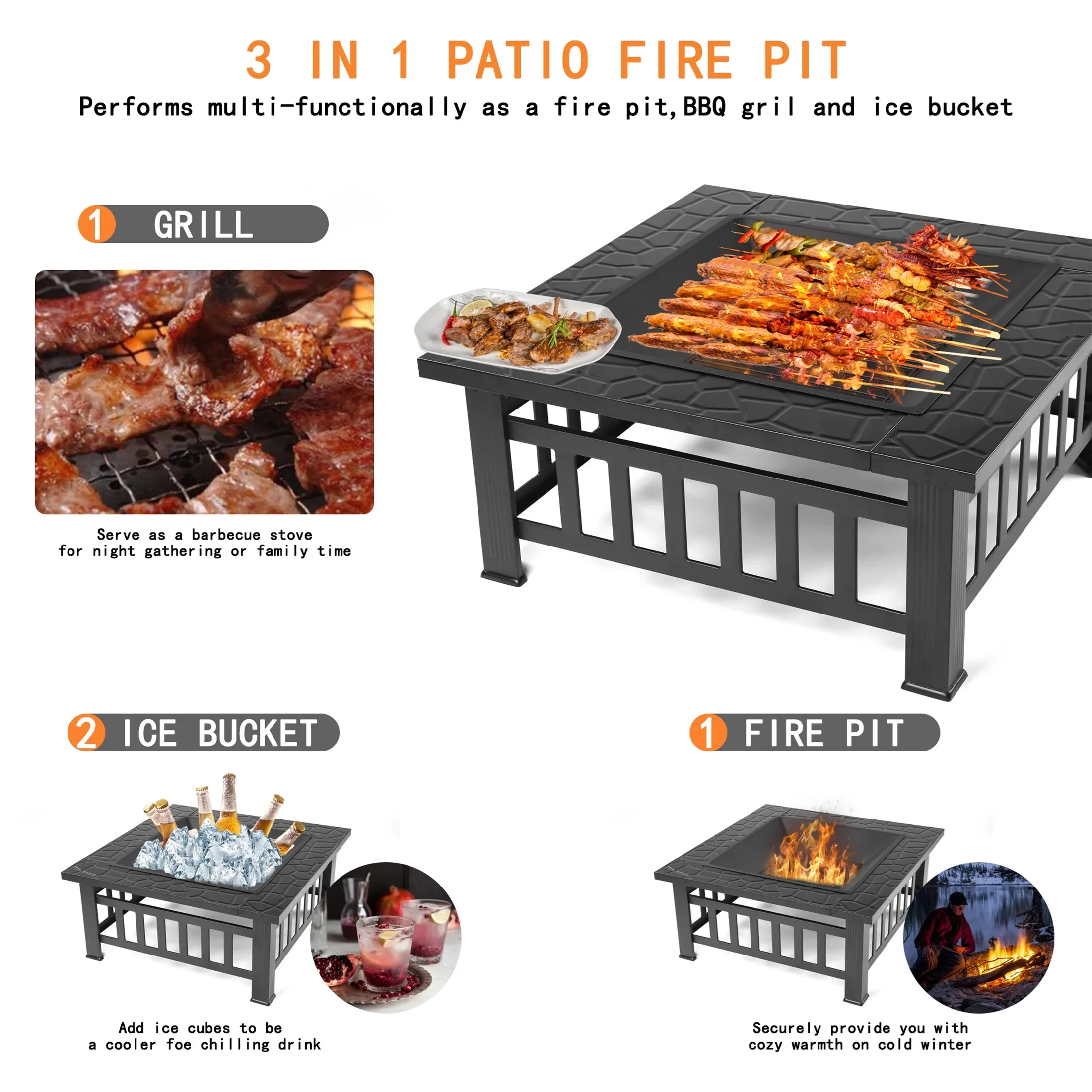 Fire Pits for Outside, UHOMEPRO 32 Square Iron Fire Pit Backyard Patio Garden Stove Wood Burning Fire Pit w/ BBQ Net, Waterprrof Cover, Mesh Screen Lid, Wood Grate, Poker, Durable Fire Pit