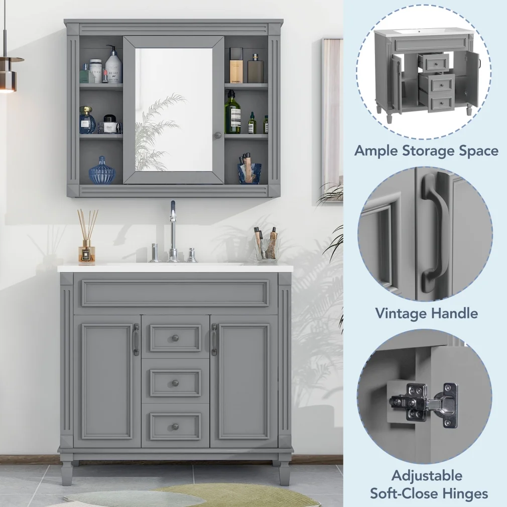 36'' Bathroom Vanity Set, Undermount Bathroom Cabinet and Mirror Cabinet, Ceramic Sink Top, Storage Cabinet with 2 Soft Closing Doors and 2 Drawers, Vanity Cabinet Set, Suit for 4'' Faucet, Gray(Mirror Cabinet+Vanity Table/Grey) - Image 3