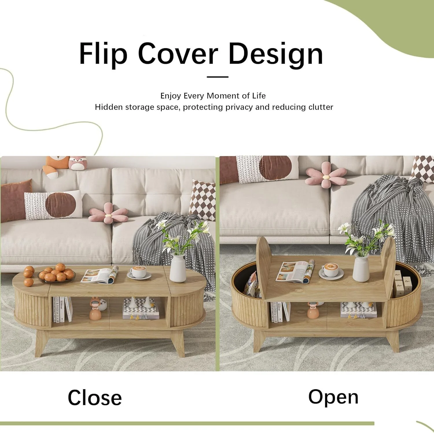 Fluted Coffee Table with Storage, Modern Coffee Tables, Wood Accent Center Table(Wood) - Image 7