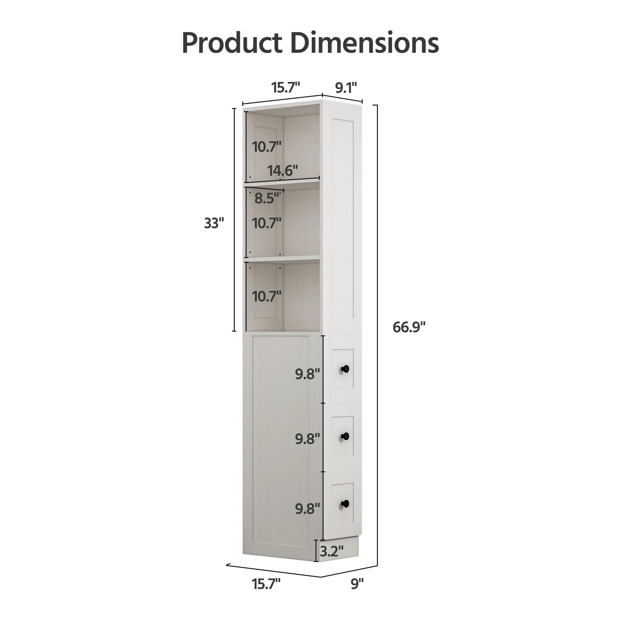 Bathroom Storage Cabinet, Tall Thin White Storage with 2 Adjustable Shelves 3-level Drawers for Home, Kitchen - Image 6