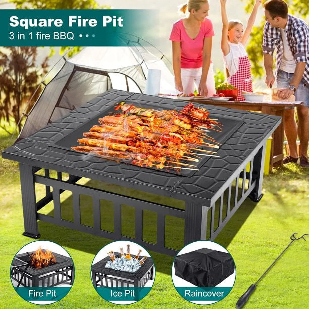 Fire Pits for Outside, DFITO 32 Wood Burning Fire Pit Tables with Screen Lid, Poker, Outdoor Fire Pit Patio Set, Patio Garden Stove Fire Pit/Ice Pit/BBQ Fire Pit, Black, GJ131