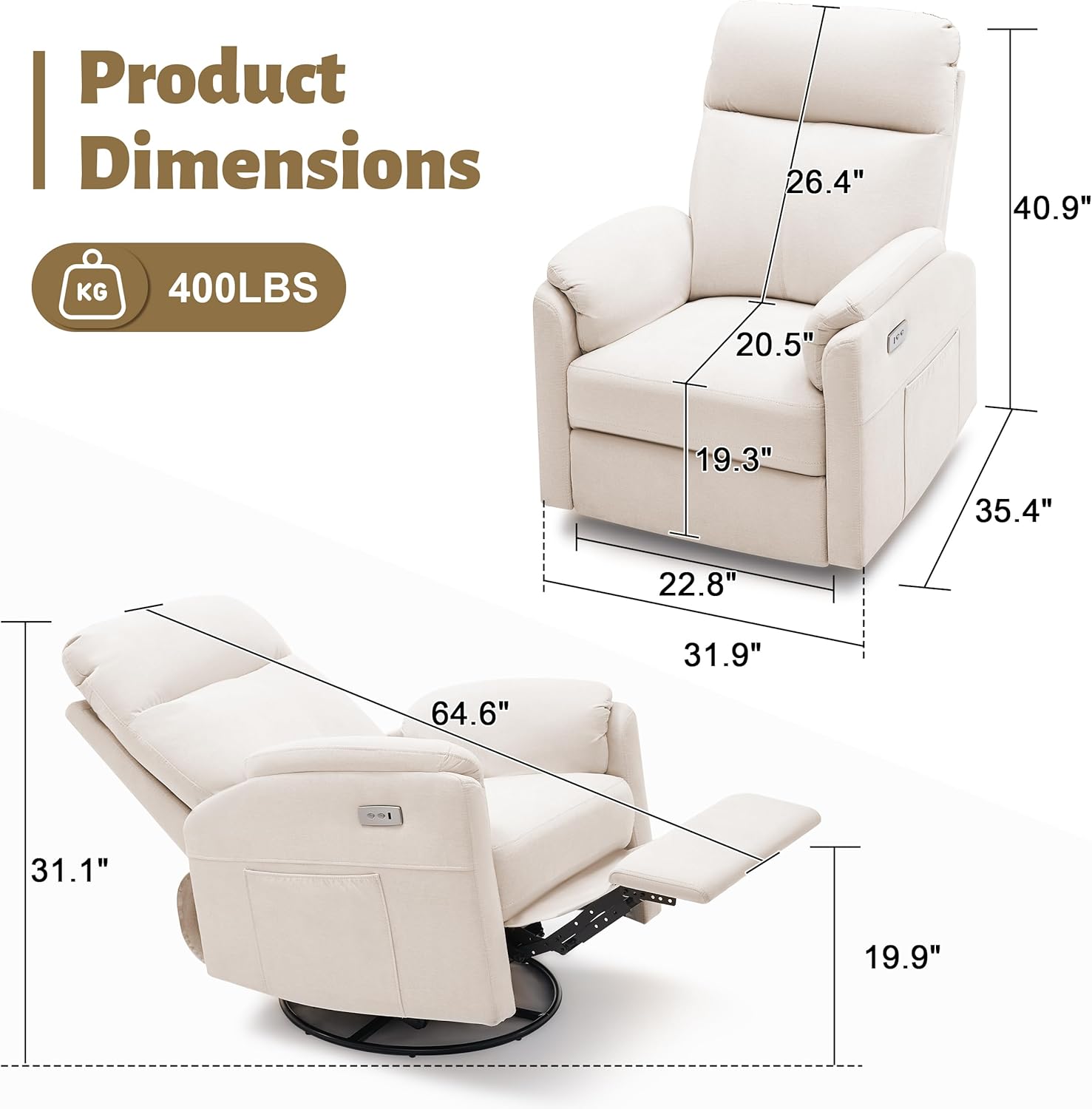 Power Glider Recliner Nursery Rocking Chair with USB Ports, Glider Chair with Lumbar Pillow for Living Room, Glider Swivel Recliner Chair for Nursery(Beige)