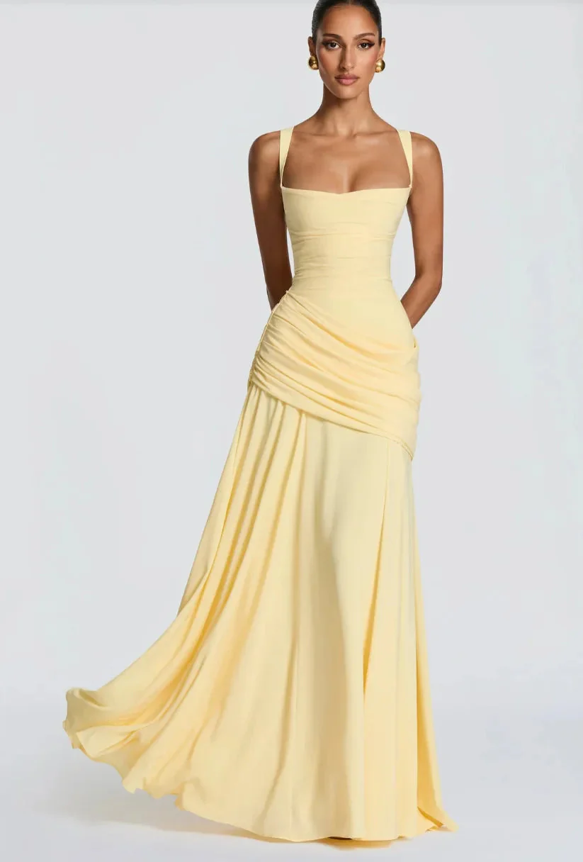 Robe Maxi Jaune Drapée Froncée pour Femme