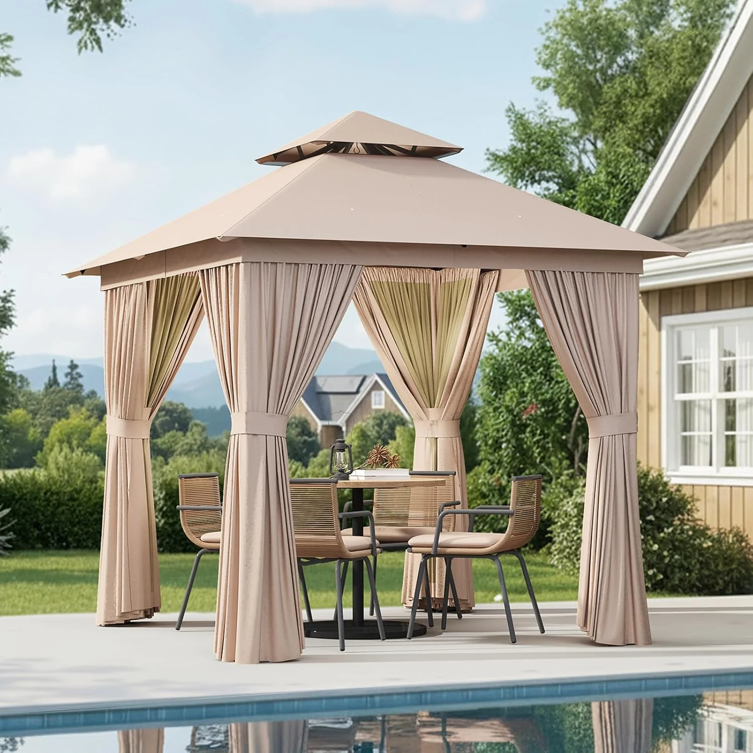 Gazebo d'extérieur Aoxun pour patio 3 x 3,6 m, structure métallique avec double toit, tente de réception robuste avec moustiquaire et brise-vue pour jardin, pelouse, terrasse.