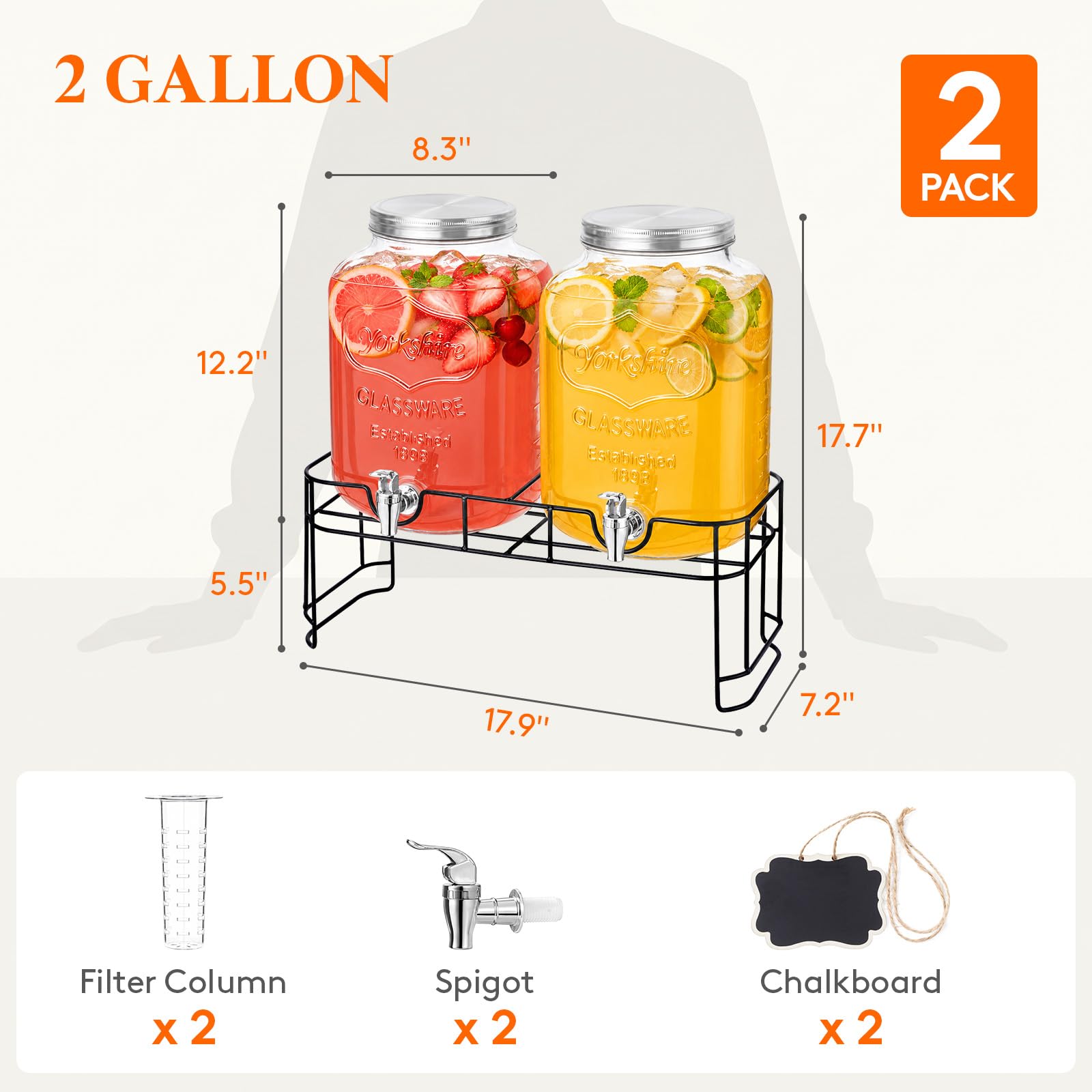 2 Gallon Glass Drink Dispenser for Parties, Beverage Container with Stand for Juice/Tea/Soda & Lemonade, Water Pitcher with Leakproof Spigot for Mimosa Bar, Birthday, Wedding Hosting, 2 Pcs