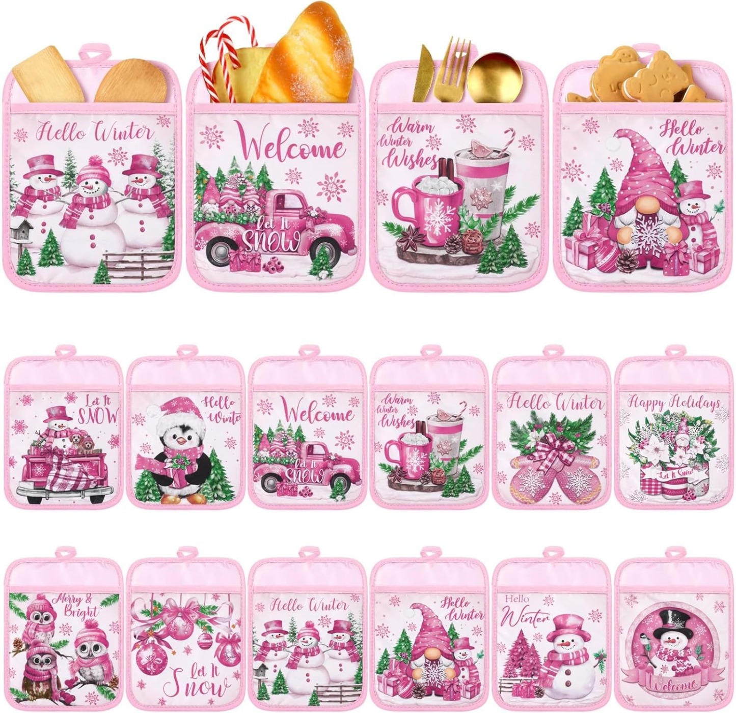 Christmas Pot Holders with Pocket Kitchen Winter Hot Pads Oven Mitts
