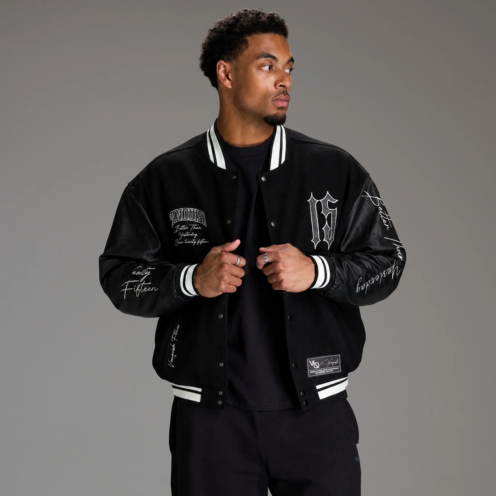 VARSITY BLACK OVERSIZED BOMBER JACKET