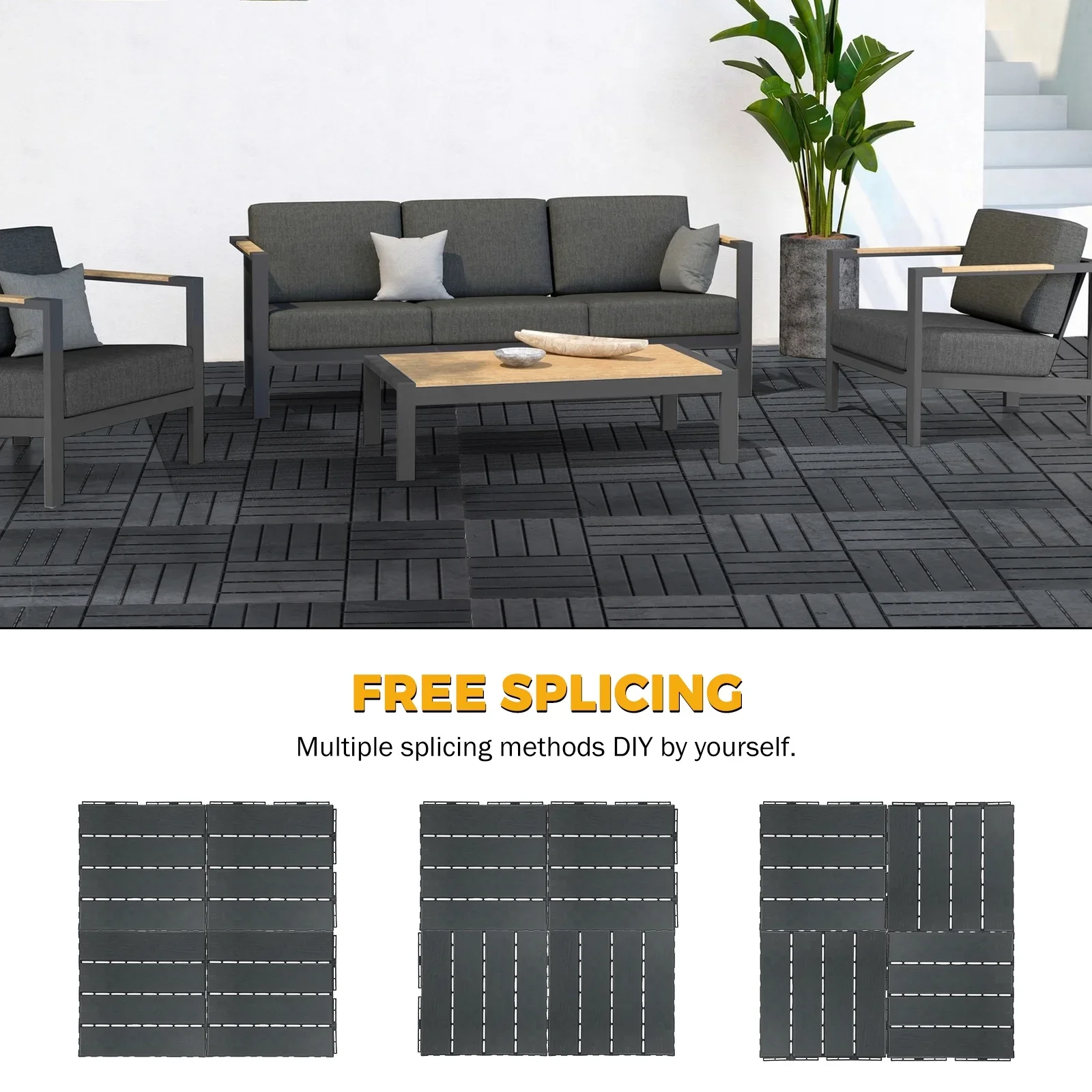 BEAMNOVA Plastic Interlocking Decking Tile, 54 Pcs, 12x12 Waterproof Outdoor &Indoor Flooring All Weather Use, Garden Decking Tiles for Patio Porch Poolside Balcony Backyard (Dark Gray)