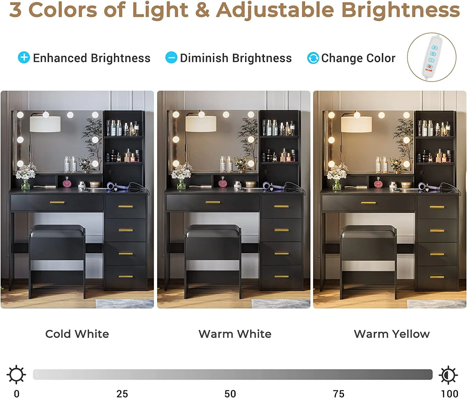 Black Vanity Set with Lights Charging Station Cushioned Stool, Modern Makeup Vanity Desk Table with Visible Drawers and Open Storage Shelves for Women Girls(Black) - Image 9
